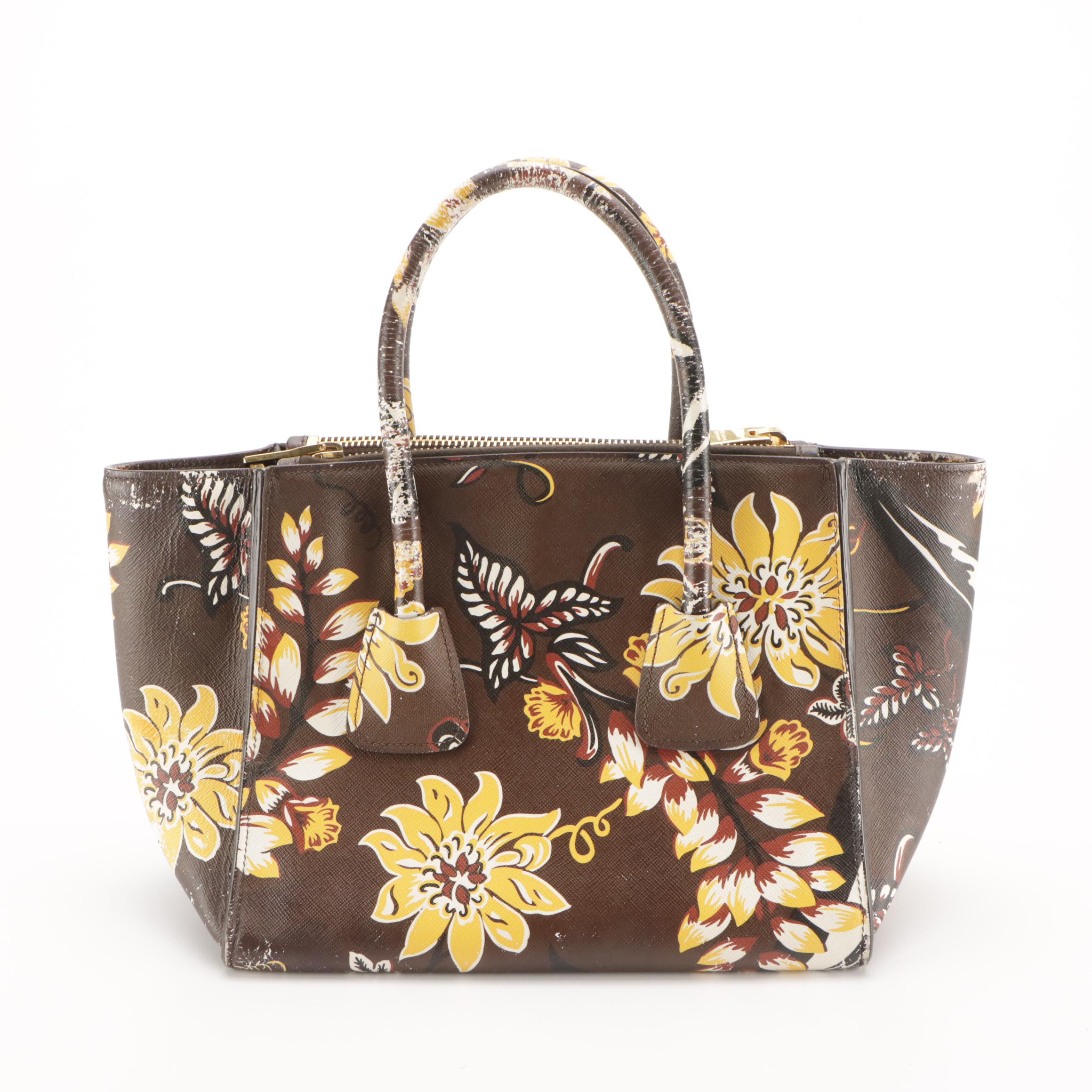 Prada Twin Zip Pocket Medium Tote in Cafe Floral Print Saffiano Leather
