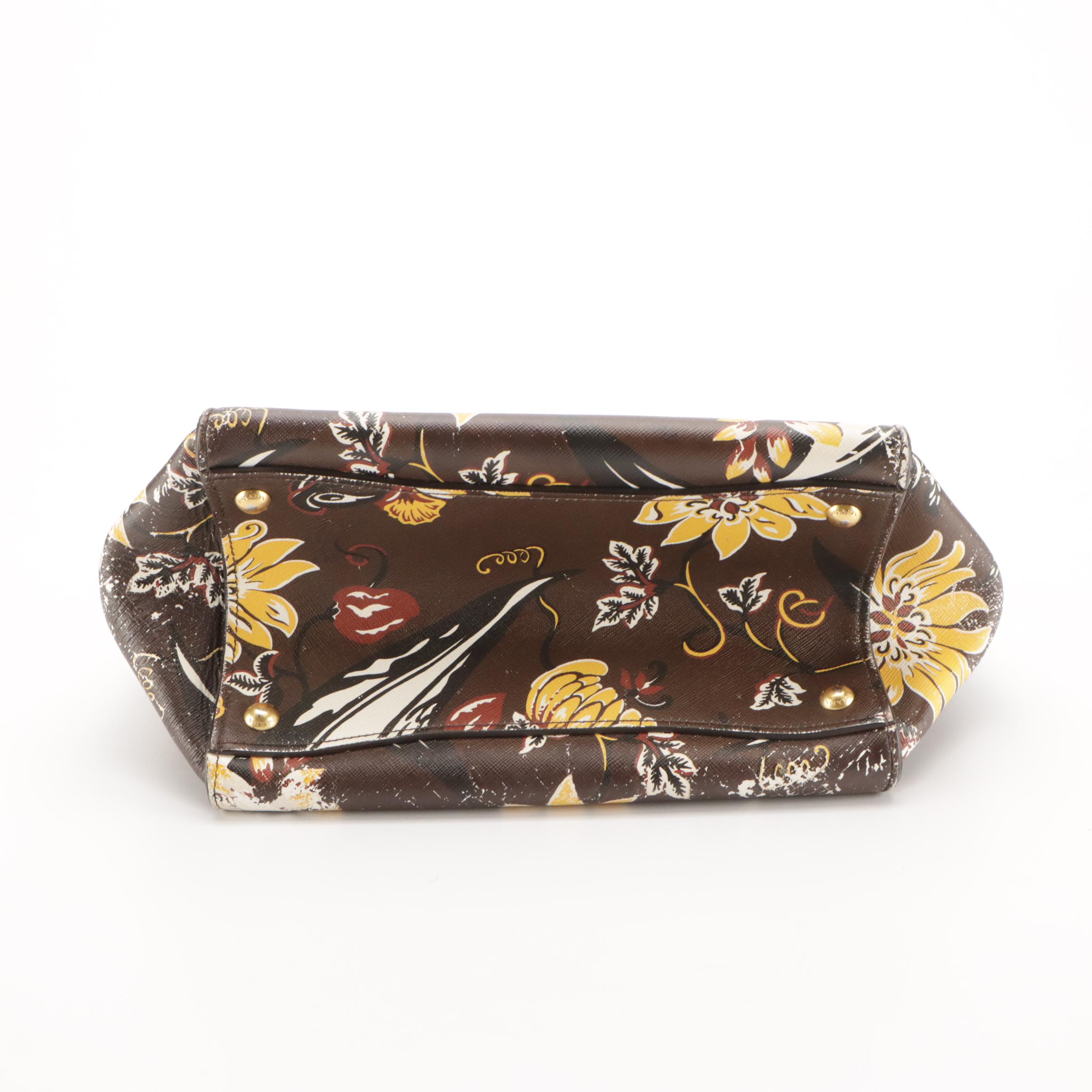 Prada Twin Zip Pocket Medium Tote in Cafe Floral Print Saffiano Leather
