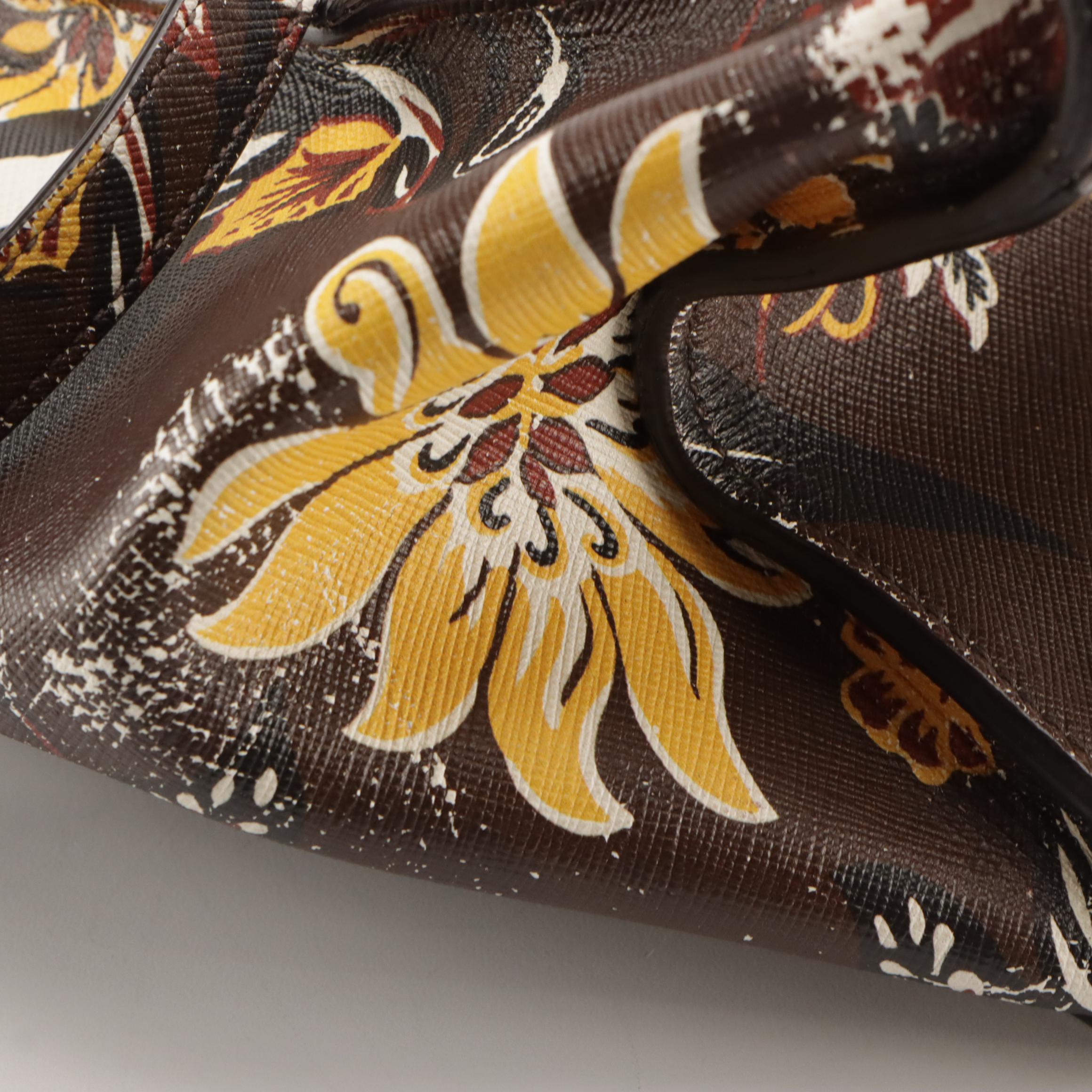 Prada Twin Zip Pocket Medium Tote in Cafe Floral Print Saffiano Leather