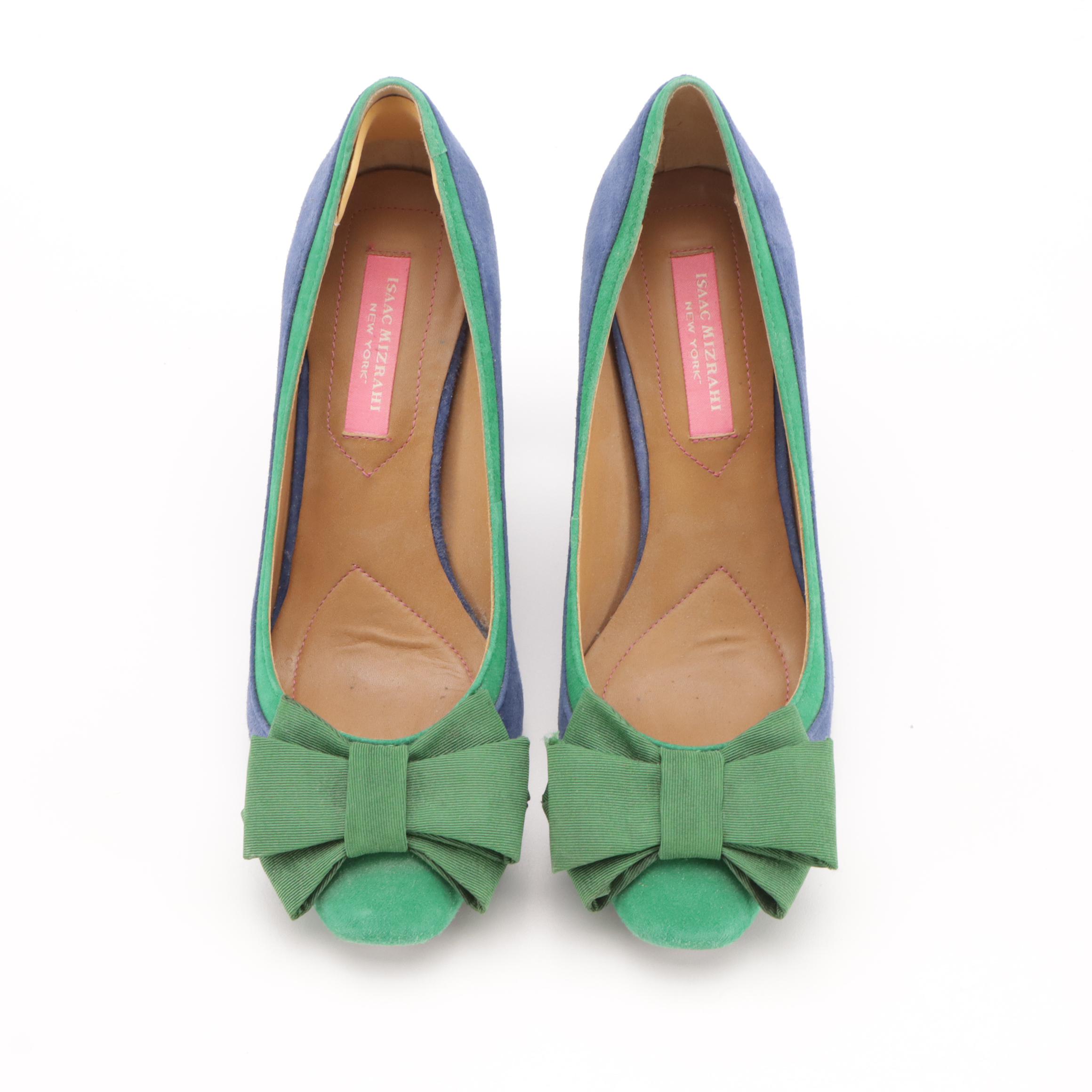 Isaac Mizrahi Blue and Green Suede "Lauren" Bow Pumps in Box