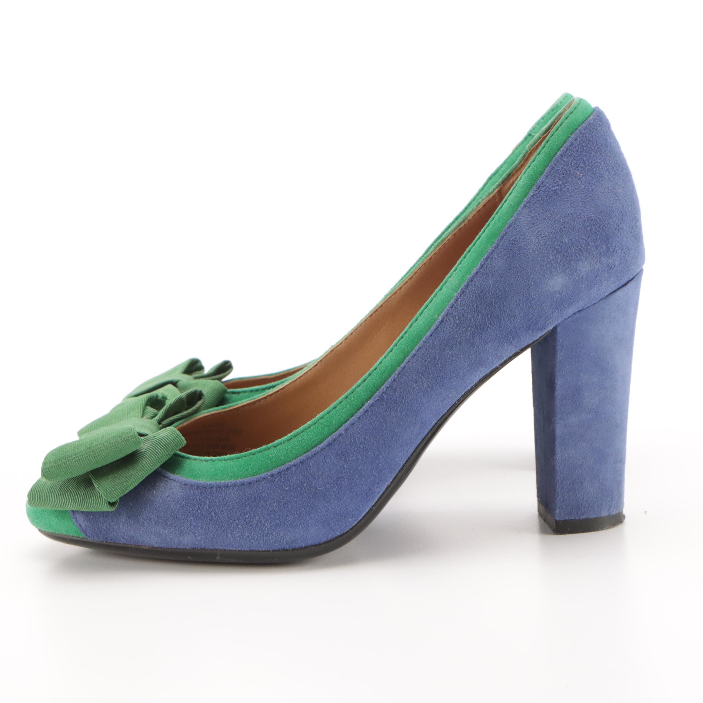 Isaac Mizrahi Blue and Green Suede "Lauren" Bow Pumps in Box
