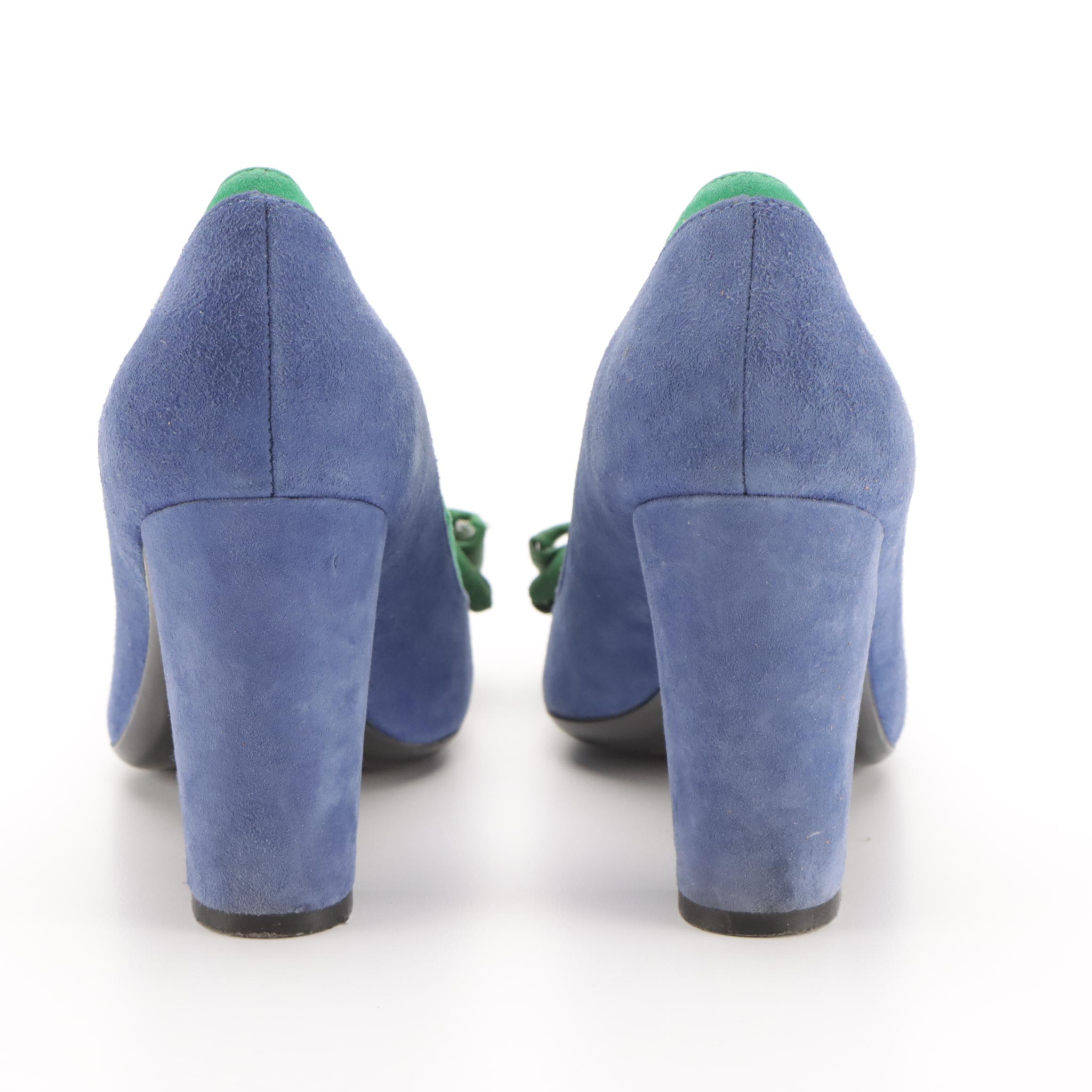 Isaac Mizrahi Blue and Green Suede "Lauren" Bow Pumps in Box
