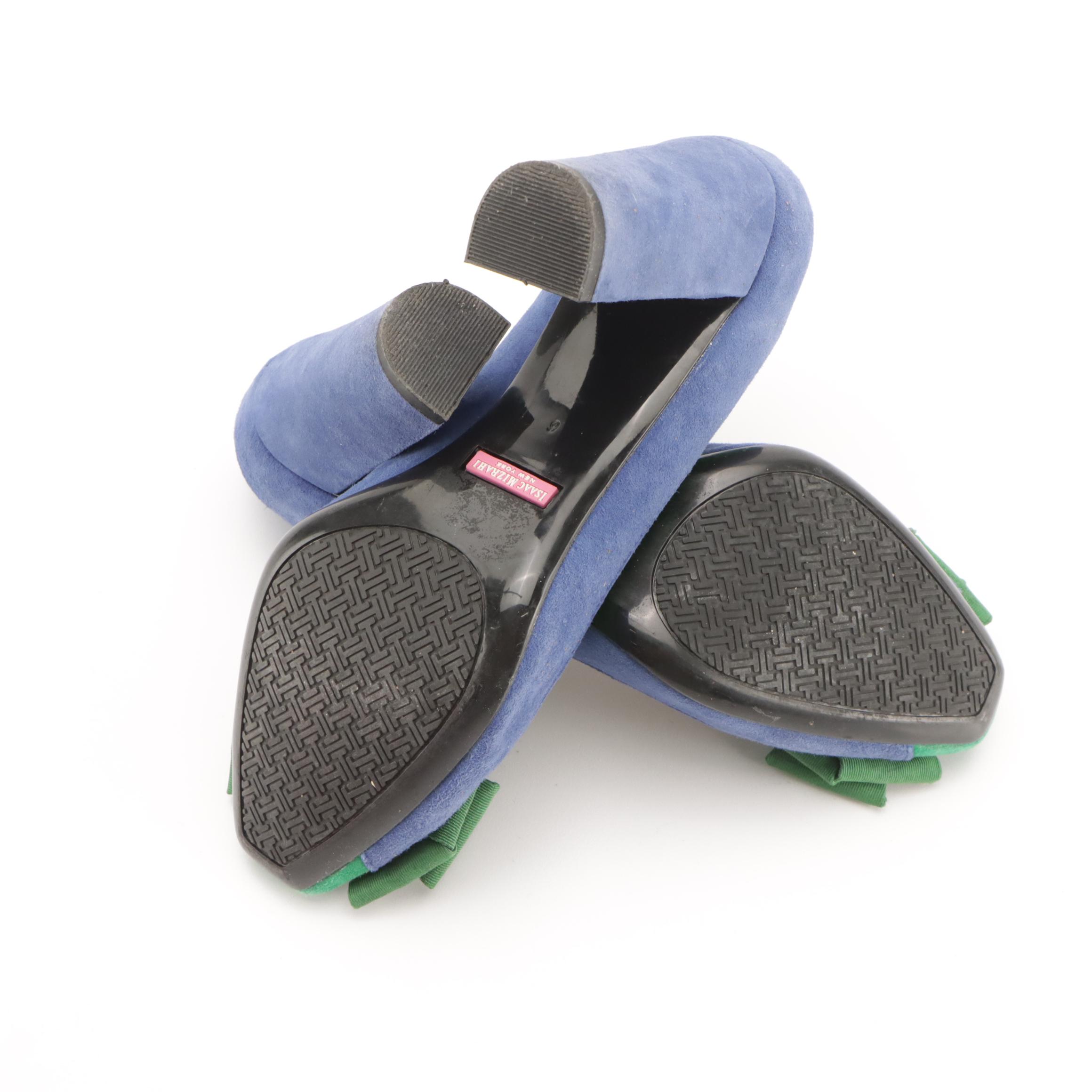 Isaac Mizrahi Blue and Green Suede "Lauren" Bow Pumps in Box