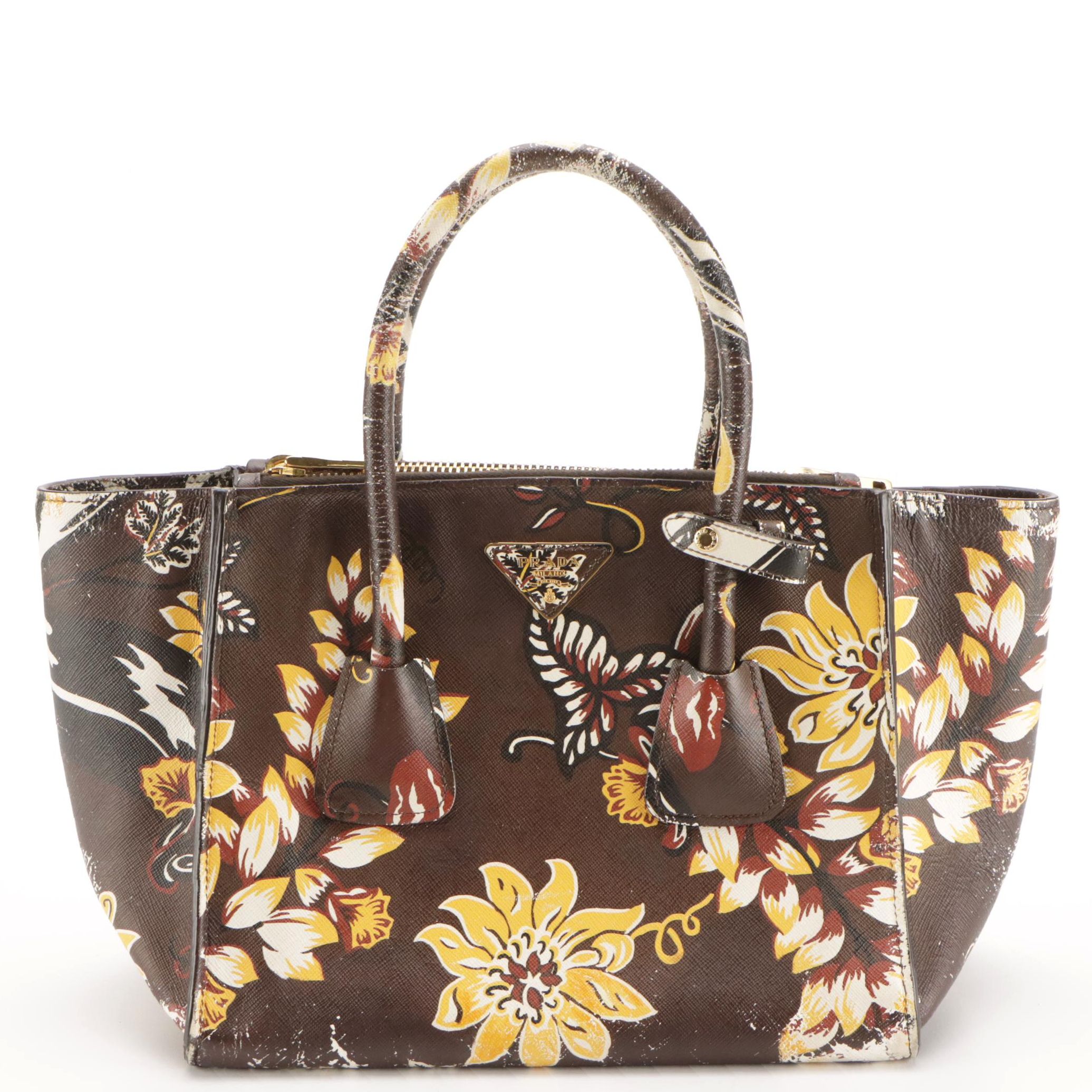 Prada Twin Zip Pocket Medium Tote in Cafe Floral Print Saffiano Leather
