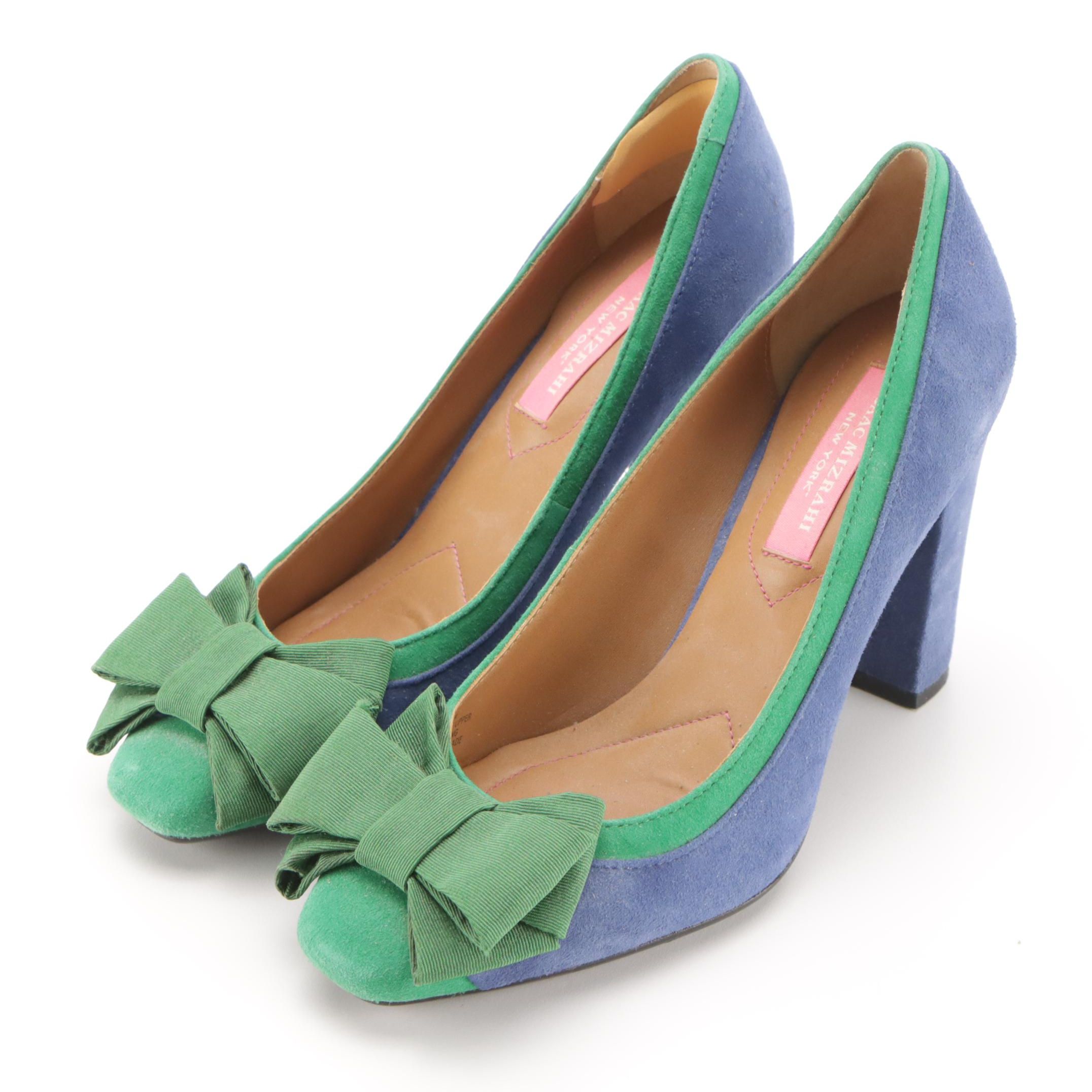 Isaac Mizrahi Blue and Green Suede "Lauren" Bow Pumps in Box