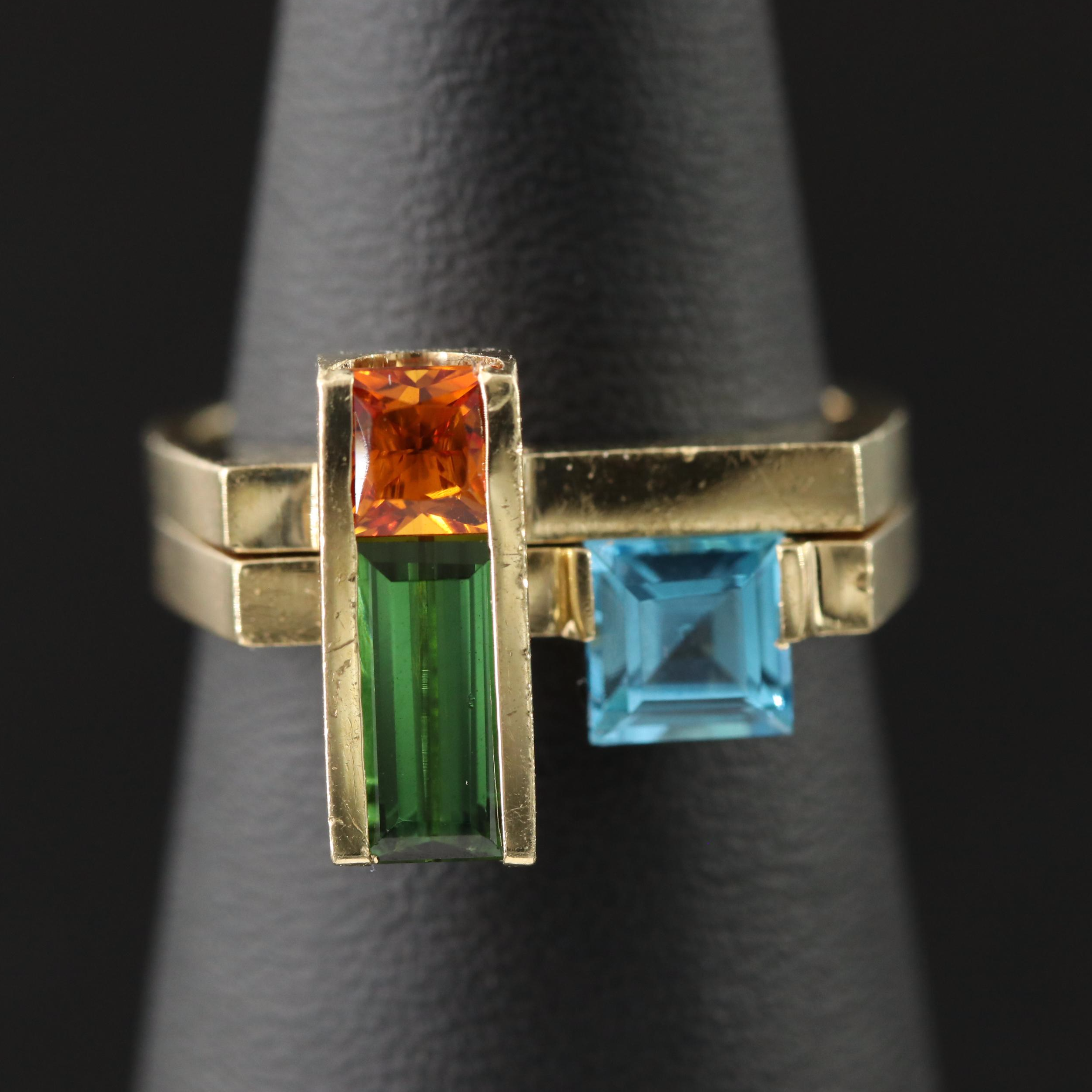 14K Swiss Blue Topaz, Citrine and Tourmaline Stacking Rings