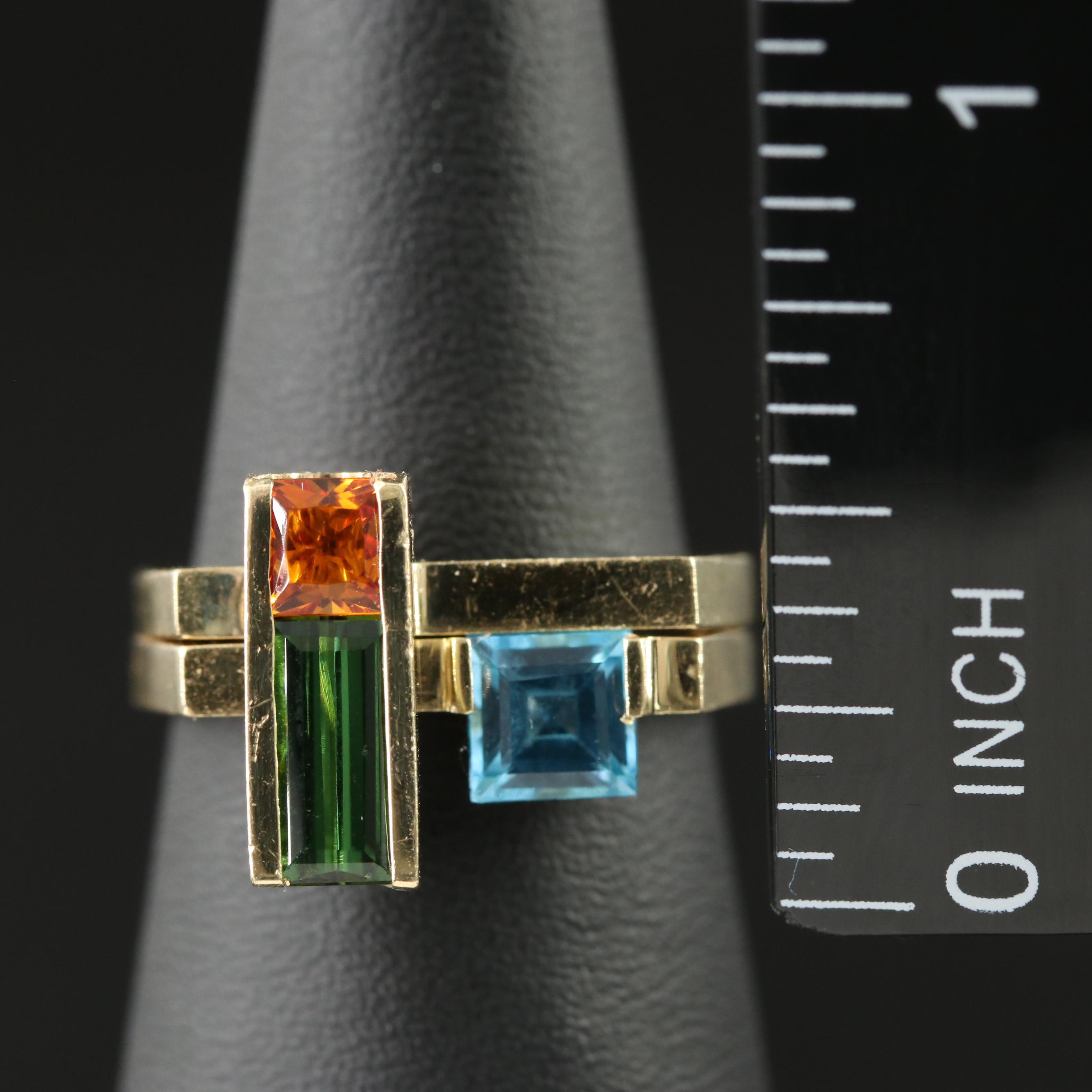 14K Swiss Blue Topaz, Citrine and Tourmaline Stacking Rings