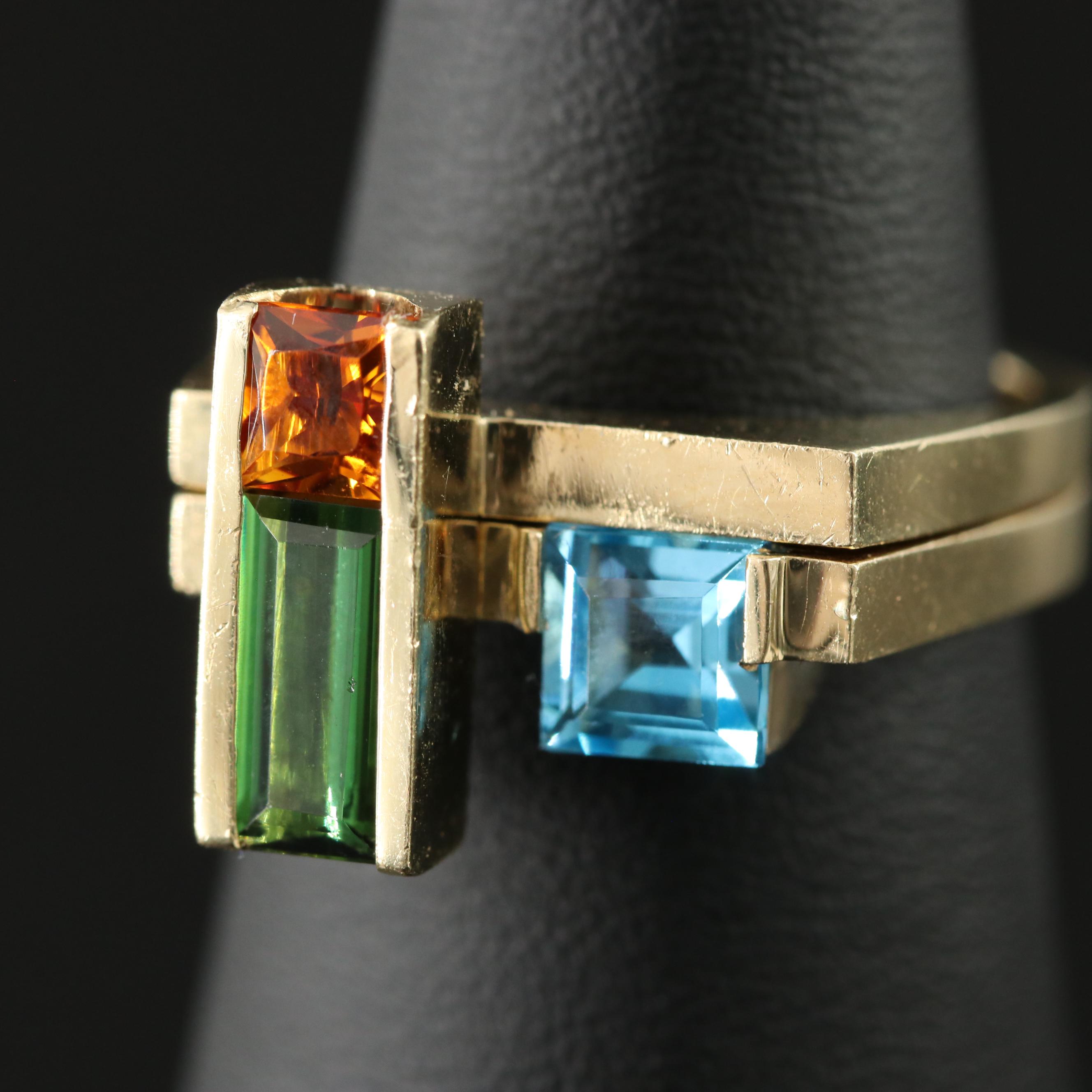 14K Swiss Blue Topaz, Citrine and Tourmaline Stacking Rings