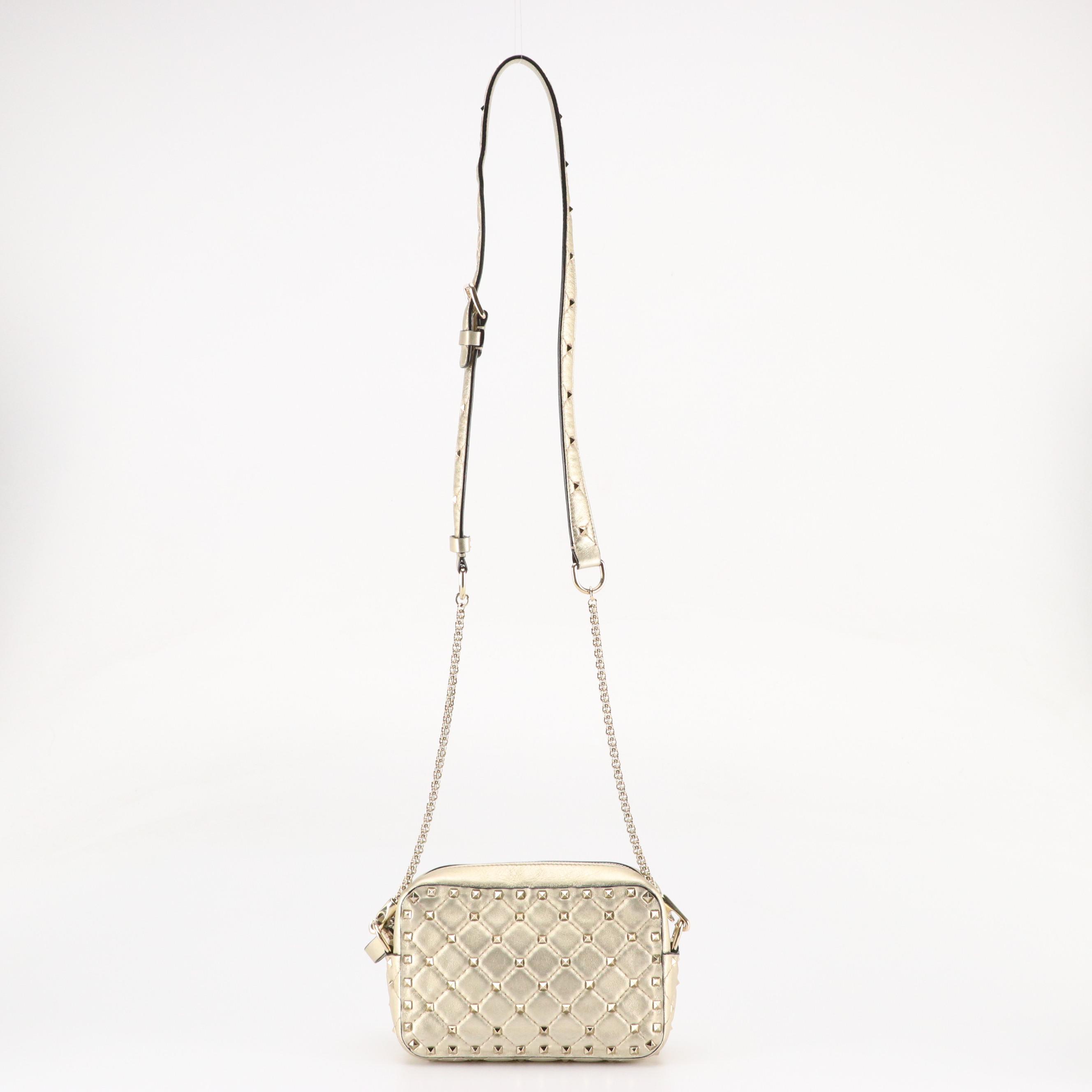 Valentino Garavani Diamond Quilted Rockstud Crossbody Bag in Metallic Leather
