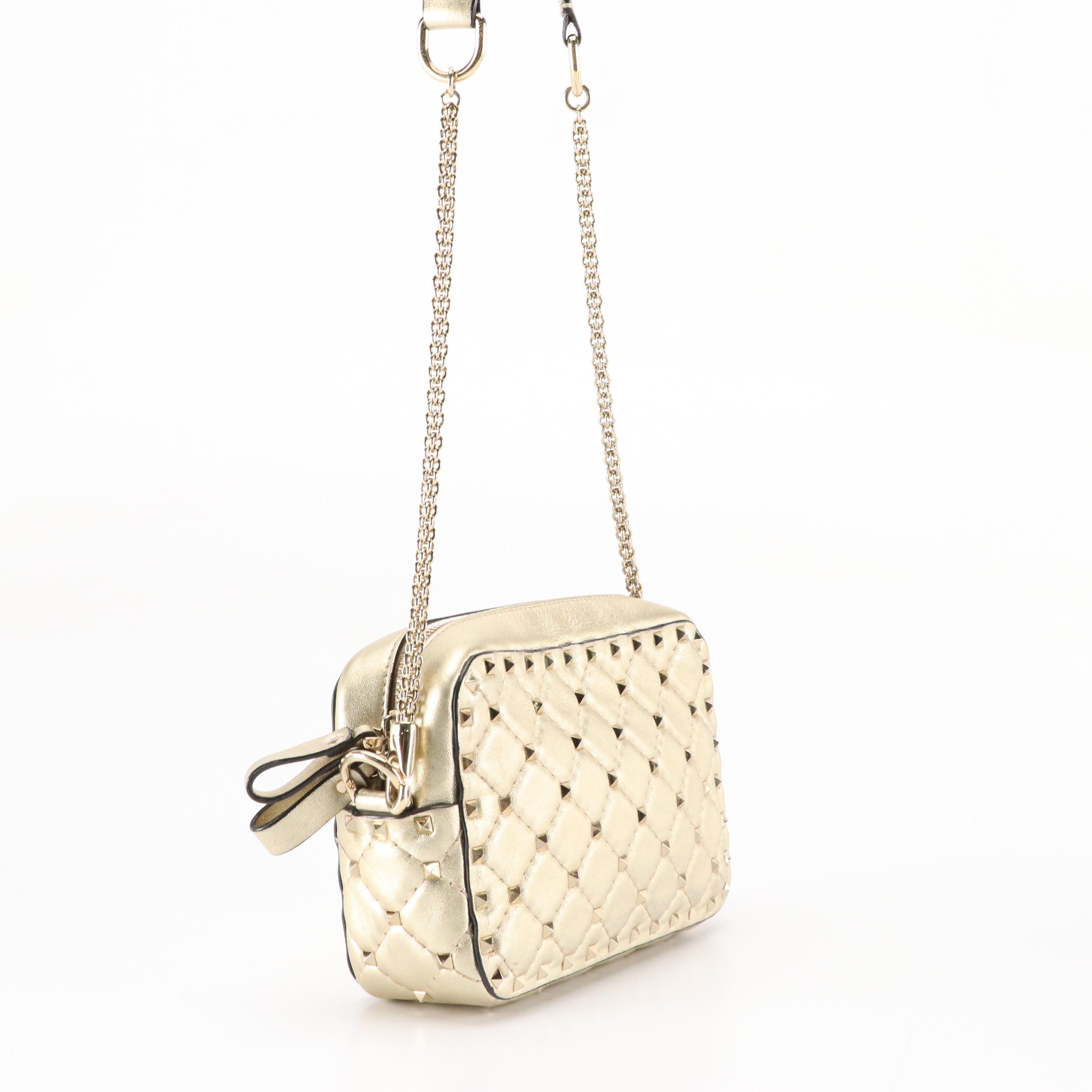 Valentino Garavani Diamond Quilted Rockstud Crossbody Bag in Metallic Leather