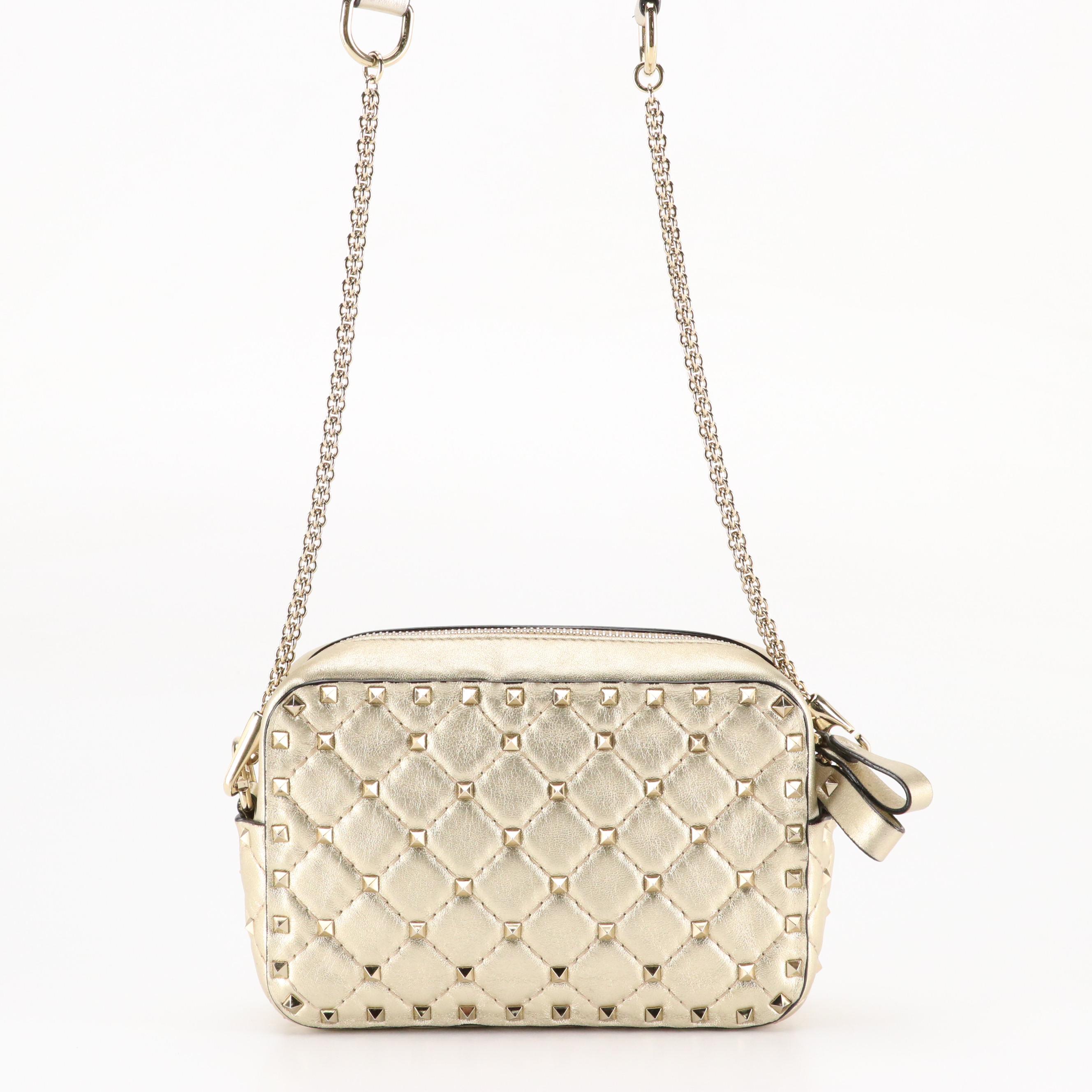 Valentino Garavani Diamond Quilted Rockstud Crossbody Bag in Metallic Leather