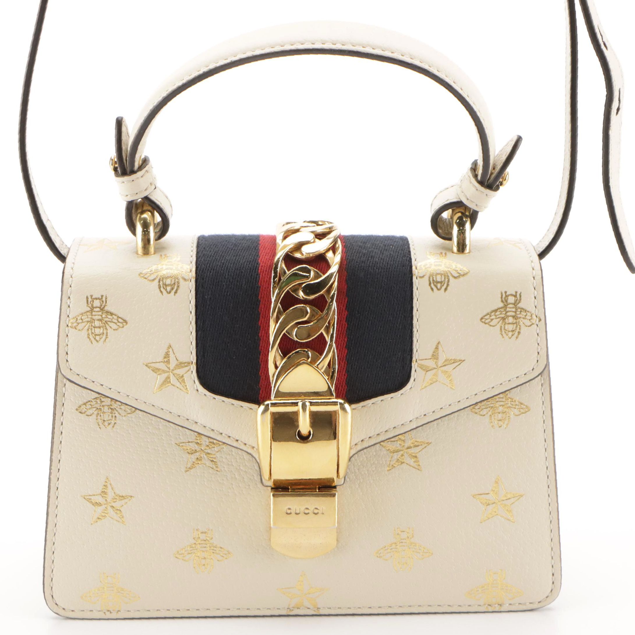 Gucci Mini Sylvie Top Handle Two-Way Bag in Bee and Star Printed Ivory Leather