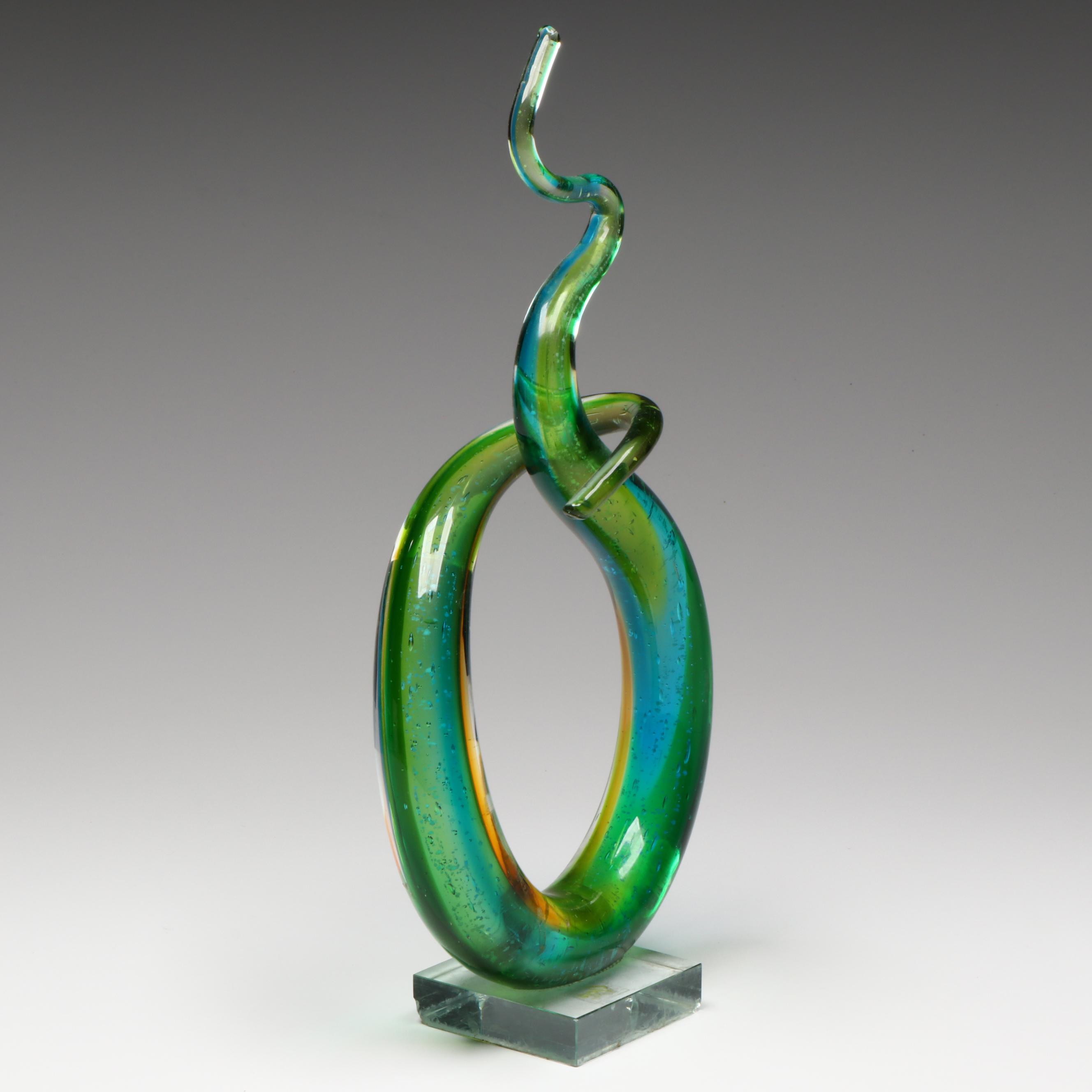 GCA Art Glass Murano Style Love Knot Glass Sculpture on Clear Glass Base