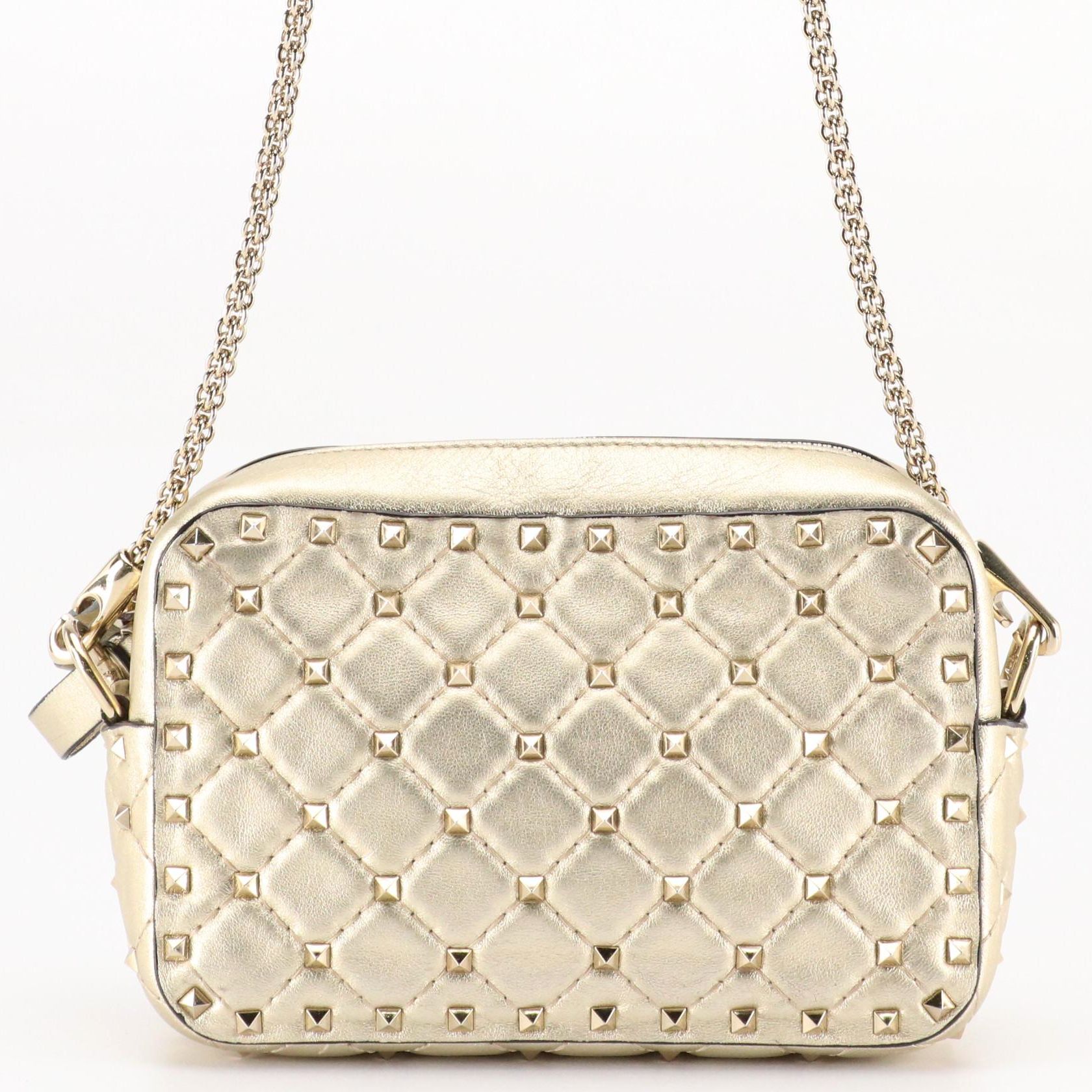 Valentino Garavani Diamond Quilted Rockstud Crossbody Bag in Metallic Leather