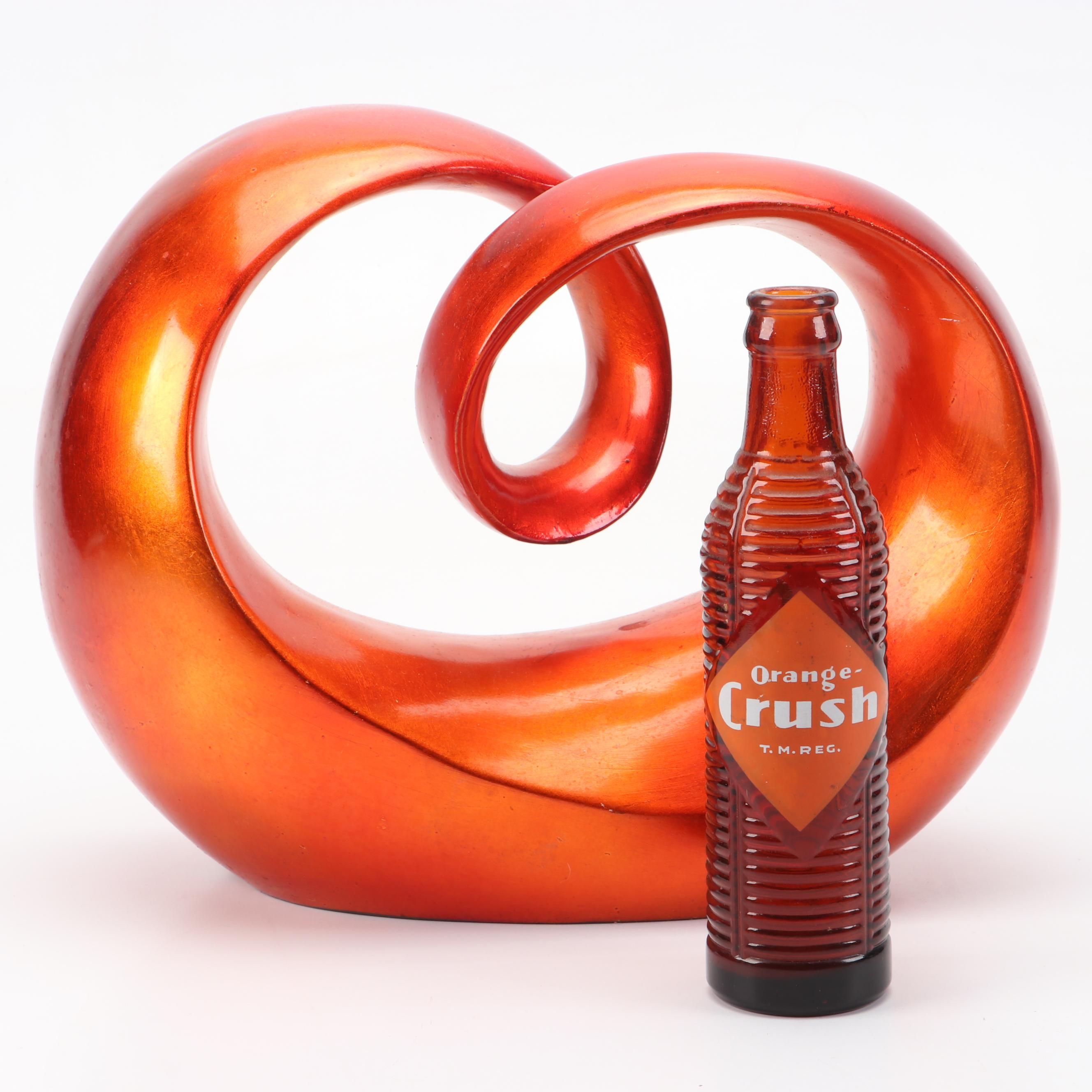 Orange Abstract Swirl Sculpture with Orange Crush Beehive Bottle