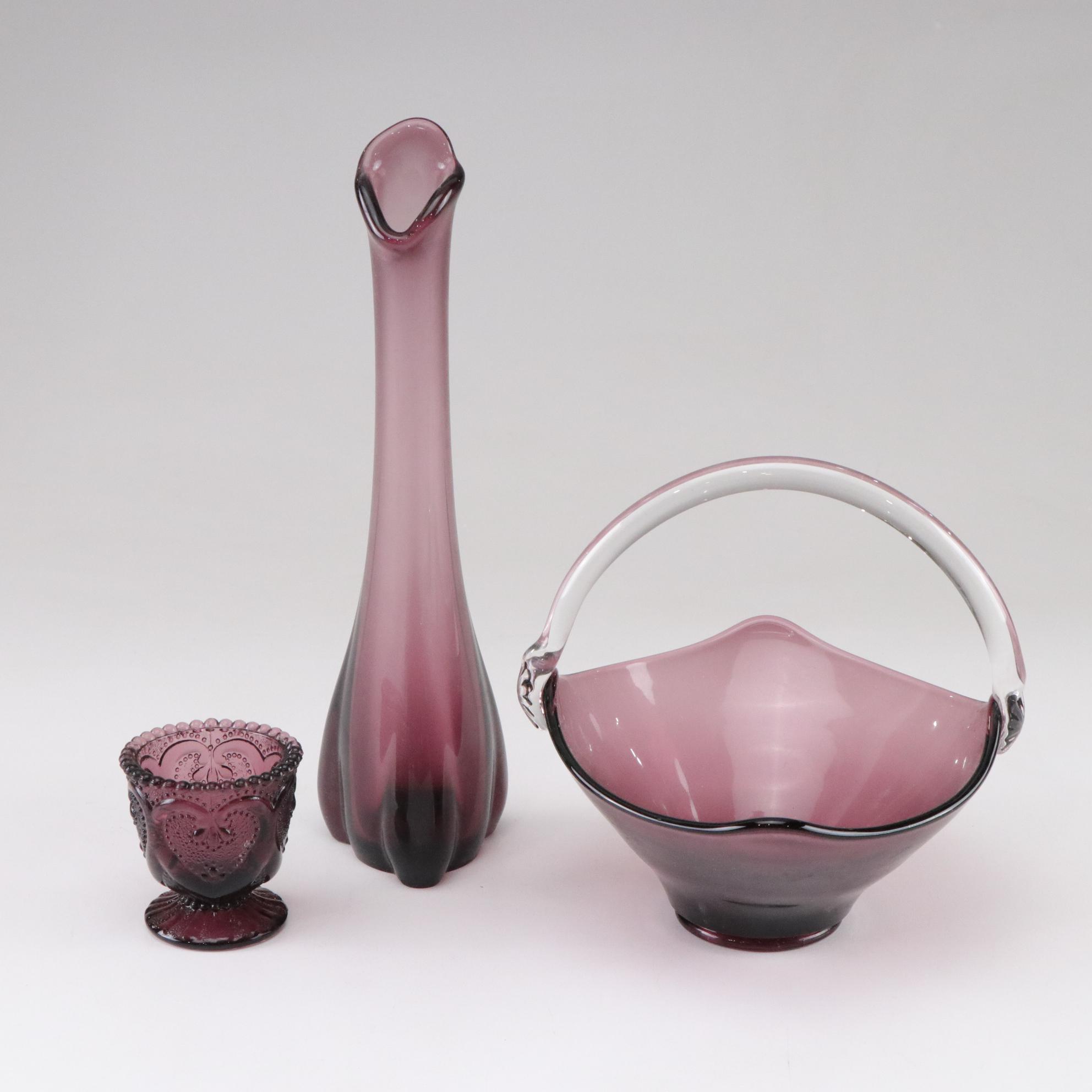 Viking Amethyst Glass Bud Vase & Basket with Embossed Heart Toothpick Holder