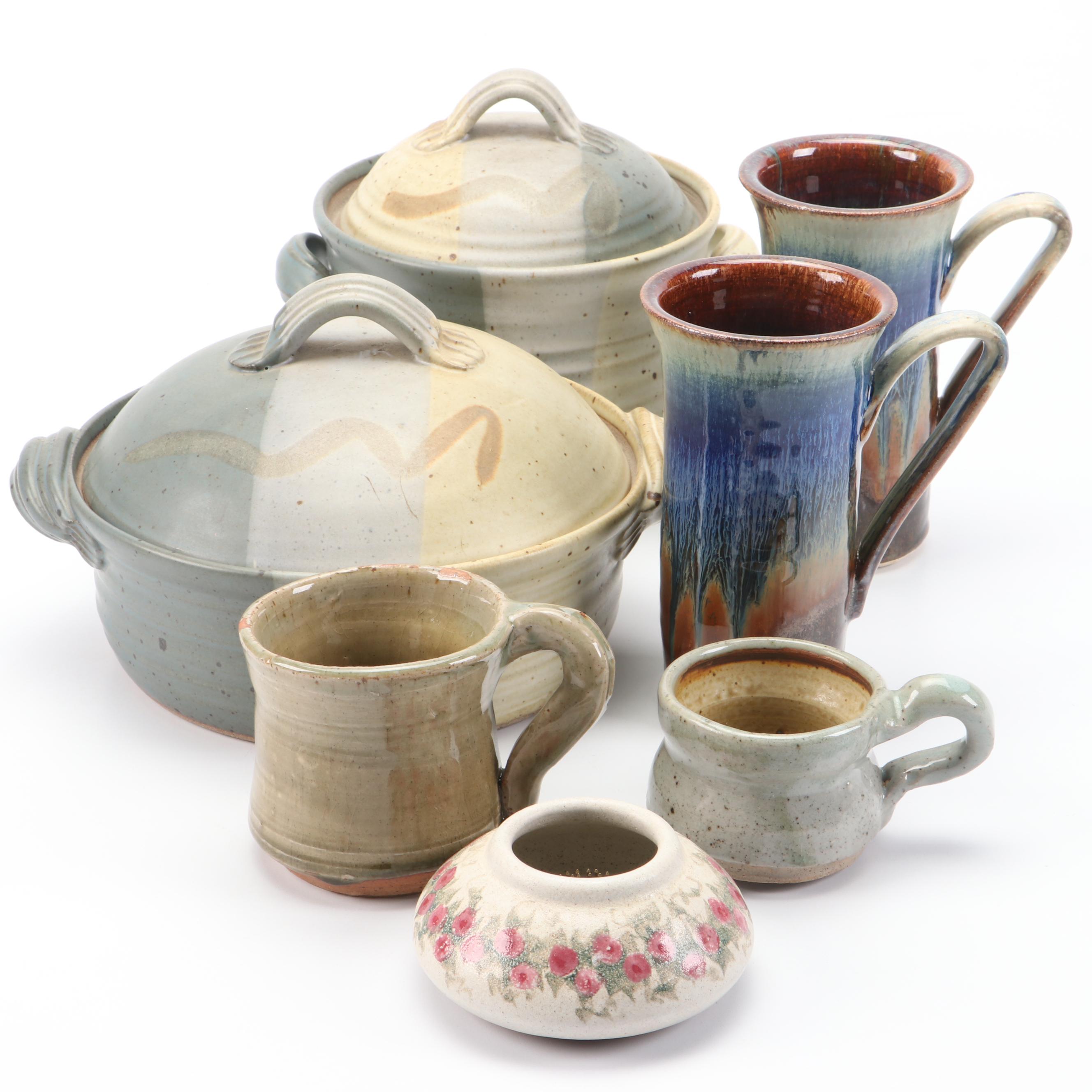 Blanket Creek Ceramic Mugs with Artist Signed Flower Frog and Art Pottery Mugs