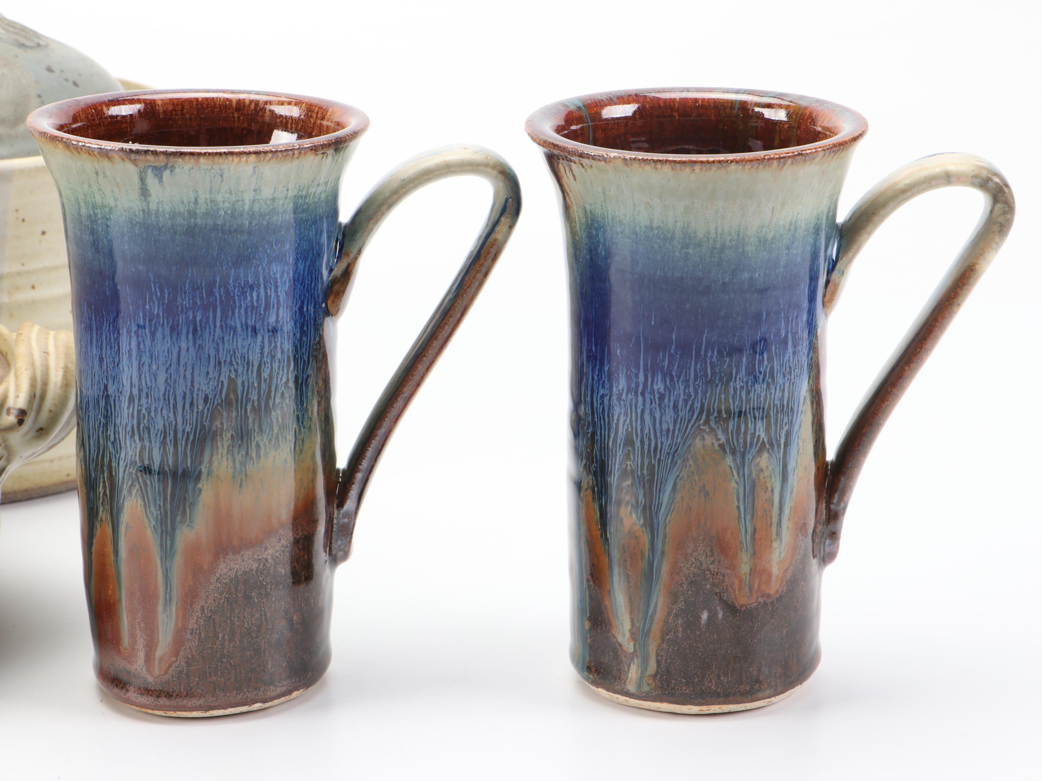 Blanket Creek Ceramic Mugs with Artist Signed Flower Frog and Art Pottery Mugs