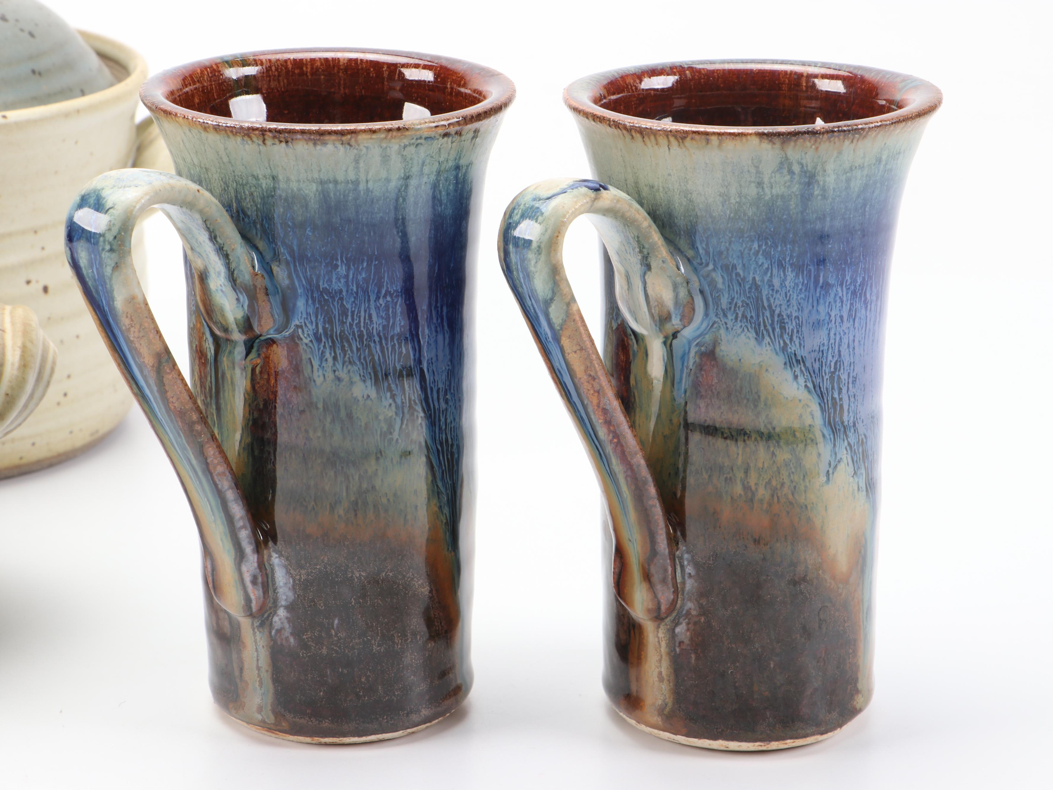 Blanket Creek Ceramic Mugs with Artist Signed Flower Frog and Art Pottery Mugs