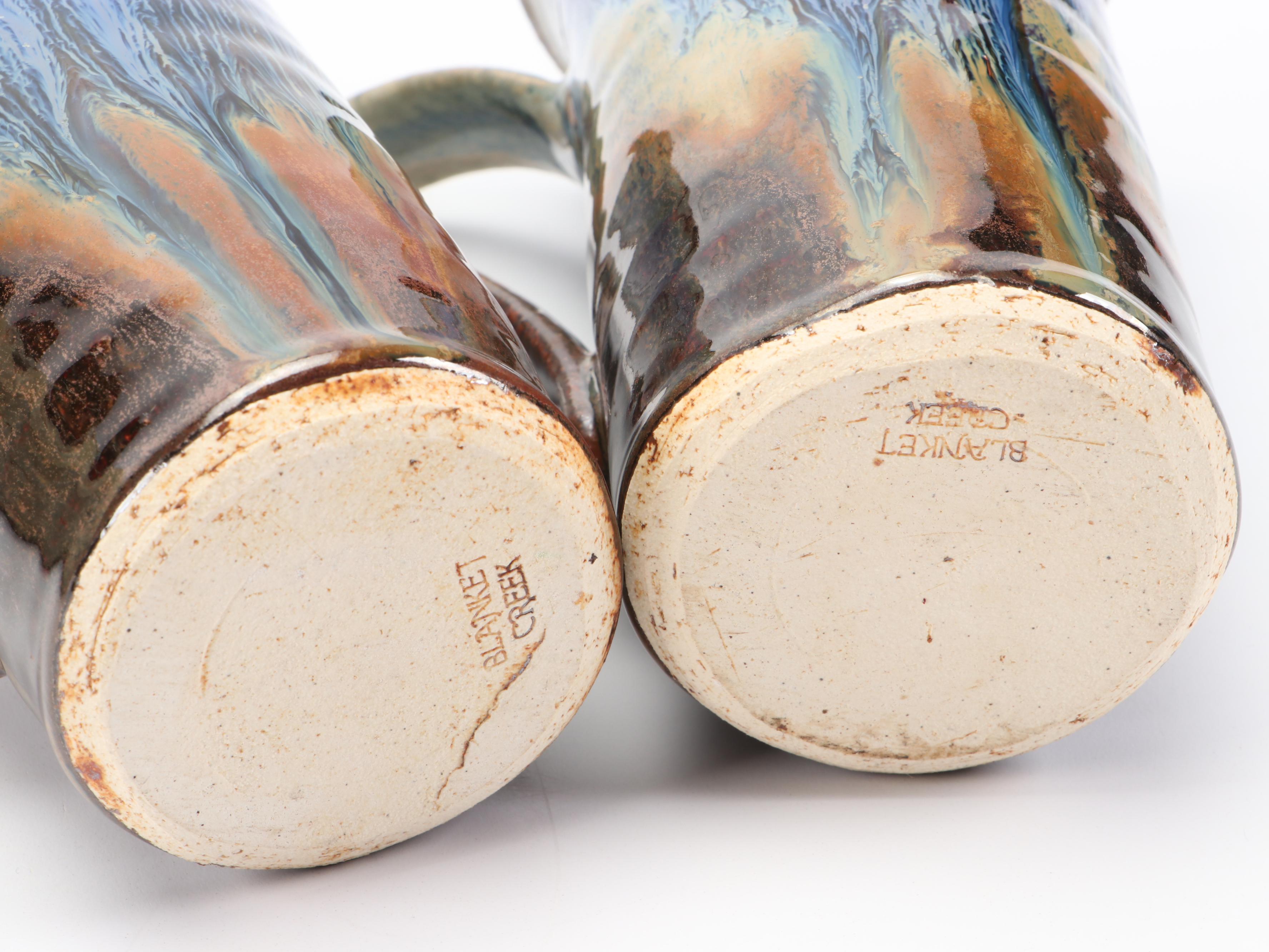 Blanket Creek Ceramic Mugs with Artist Signed Flower Frog and Art Pottery Mugs