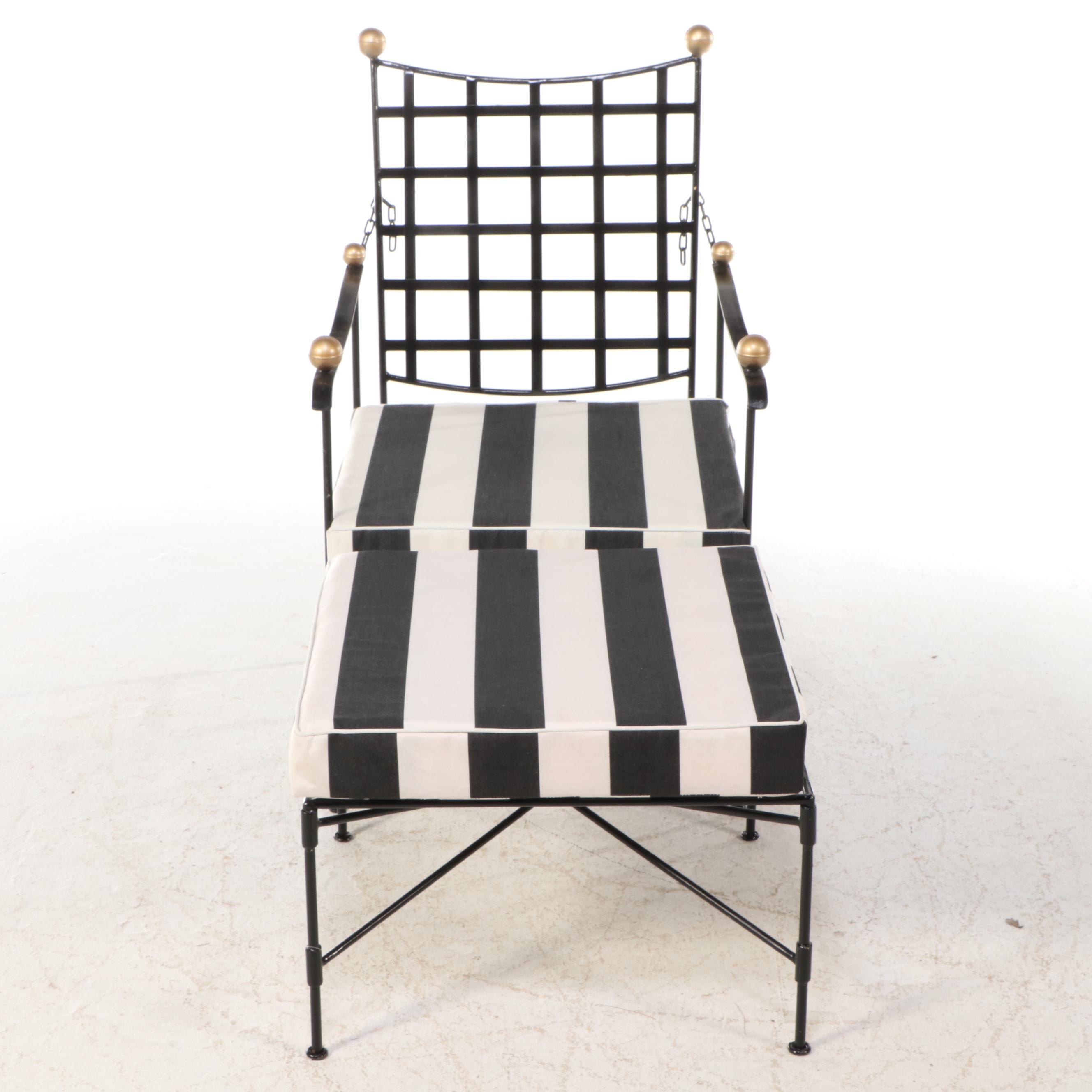 Regency Style Painted Iron Lounge Chair and Ottoman with Striped Cushions