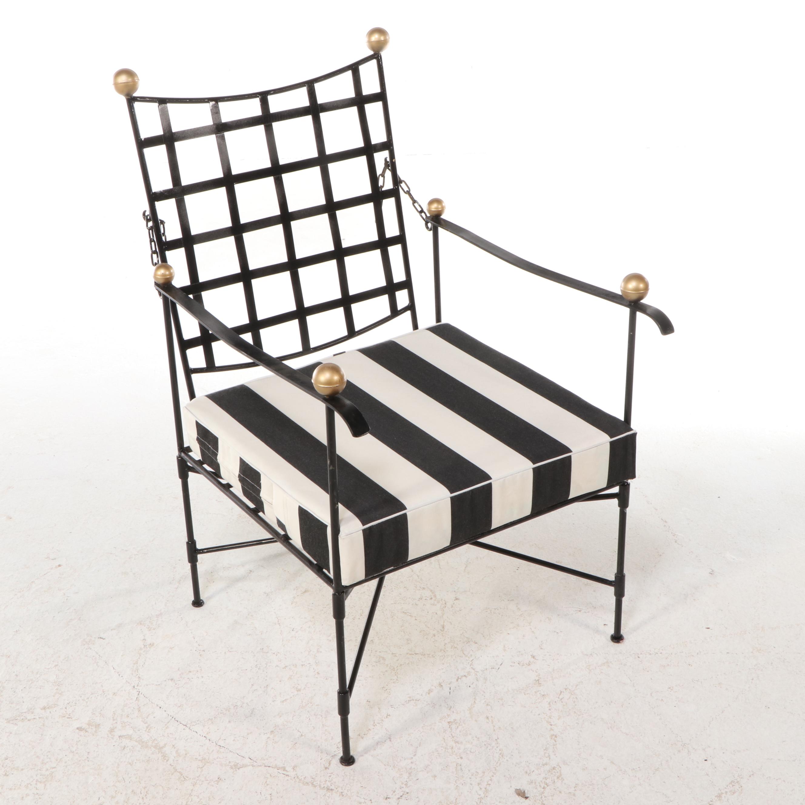 Regency Style Painted Iron Lounge Chair and Ottoman with Striped Cushions