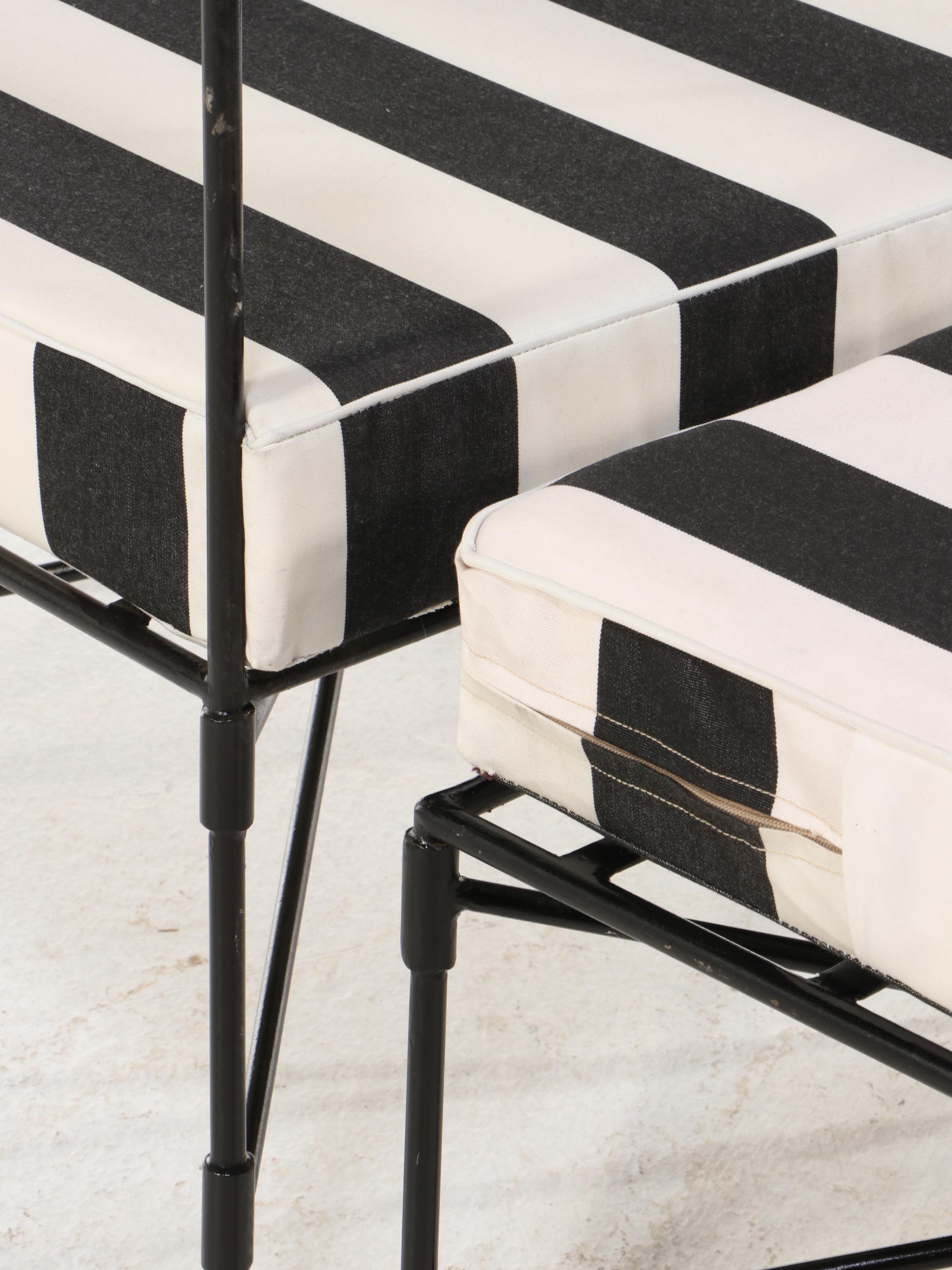 Regency Style Painted Iron Lounge Chair and Ottoman with Striped Cushions