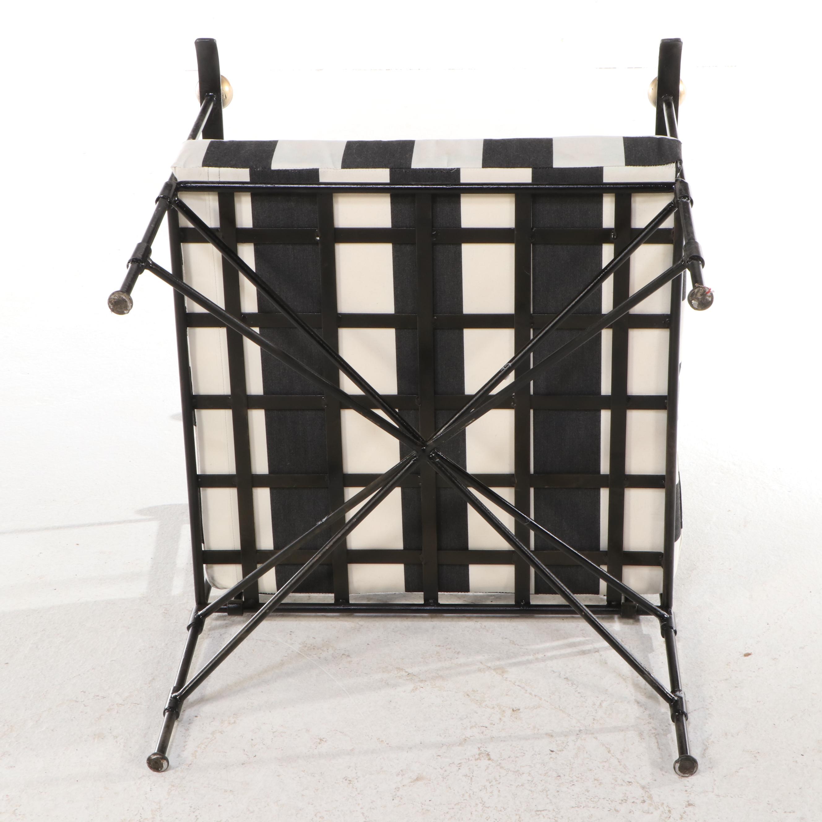 Regency Style Painted Iron Lounge Chair and Ottoman with Striped Cushions