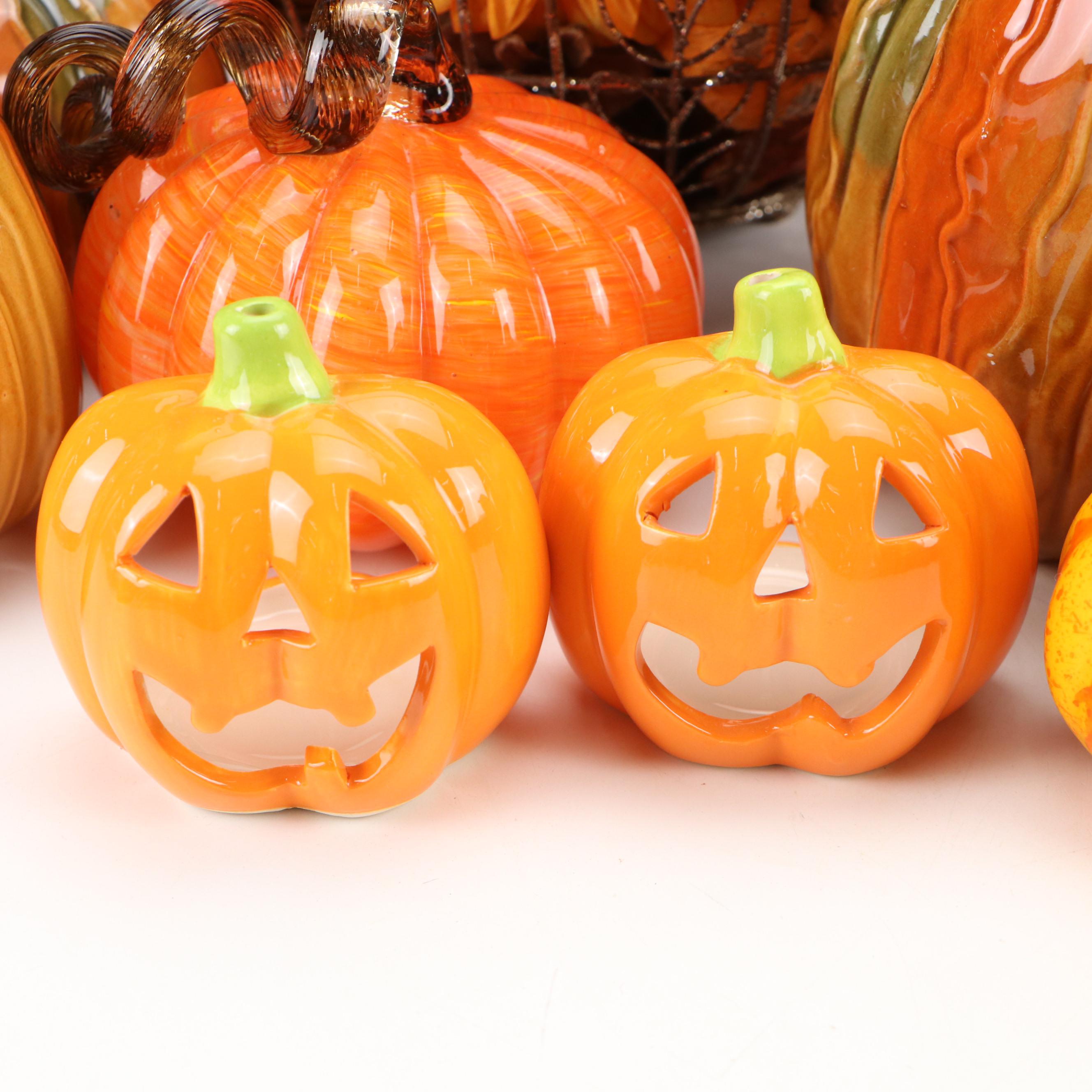 Metal Pumpkin Potpourri Holder with Ceramic Pumpkins and Other Autumn Décor