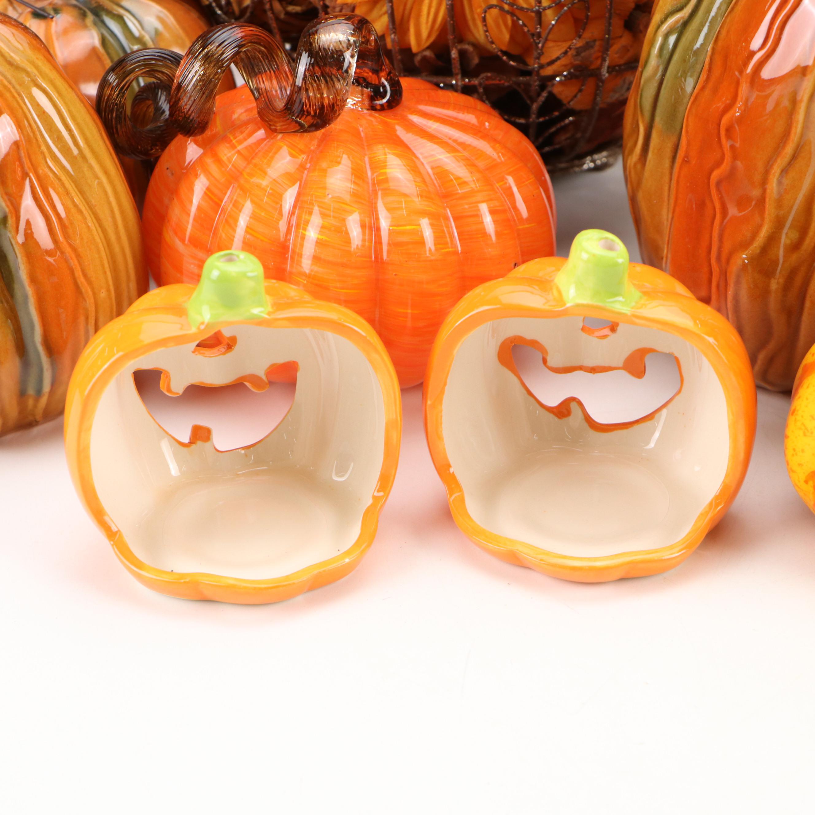 Metal Pumpkin Potpourri Holder with Ceramic Pumpkins and Other Autumn Décor