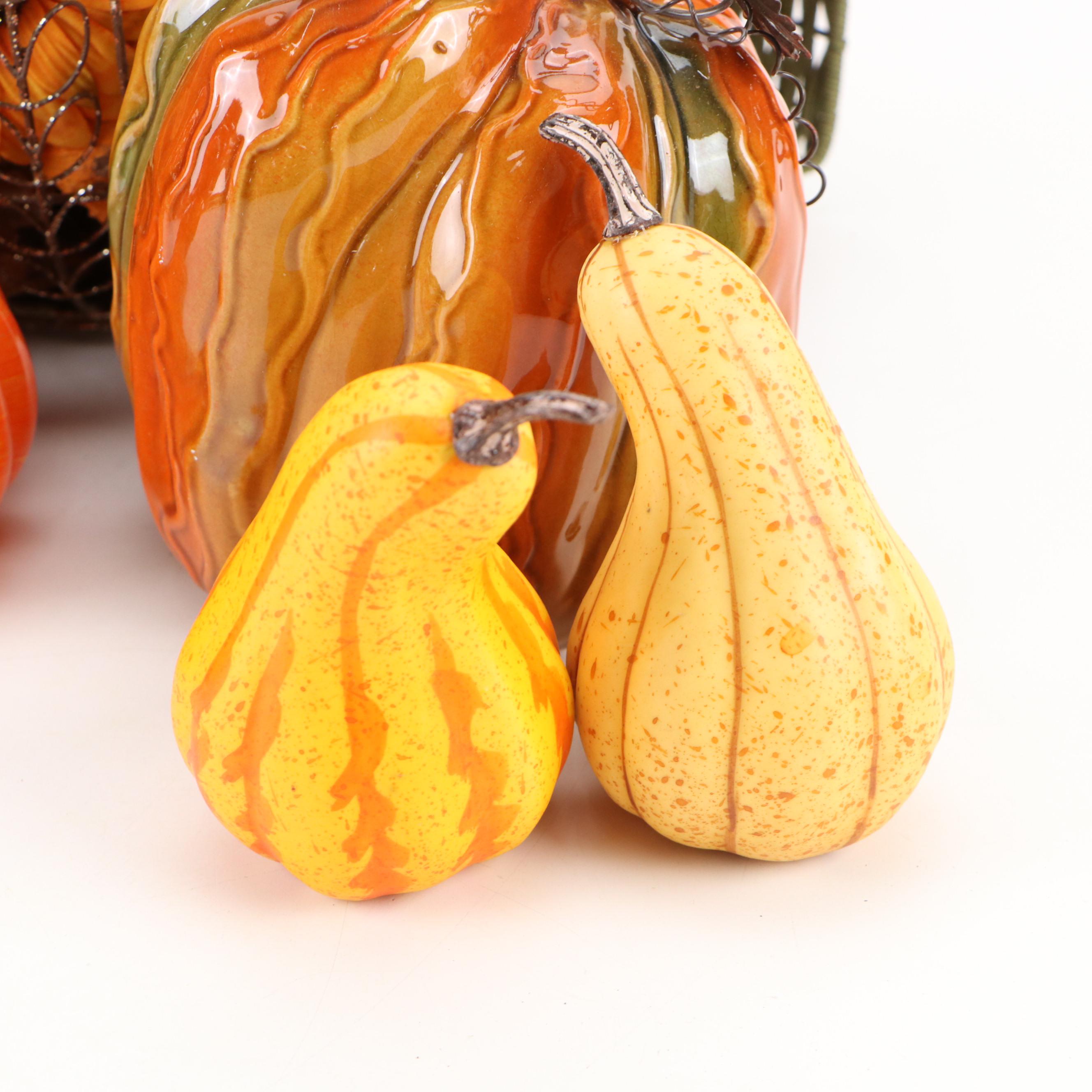 Metal Pumpkin Potpourri Holder with Ceramic Pumpkins and Other Autumn Décor
