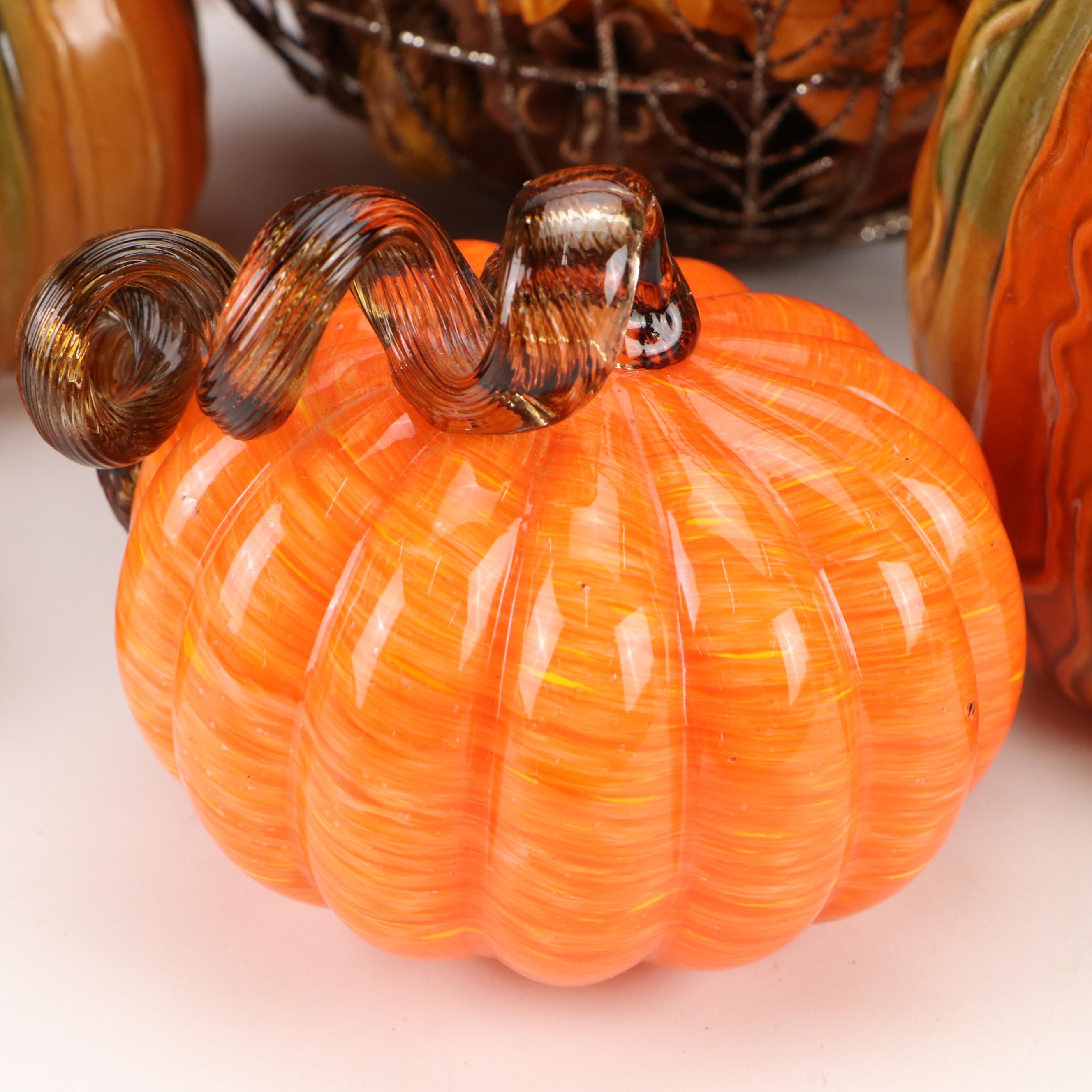 Metal Pumpkin Potpourri Holder with Ceramic Pumpkins and Other Autumn Décor