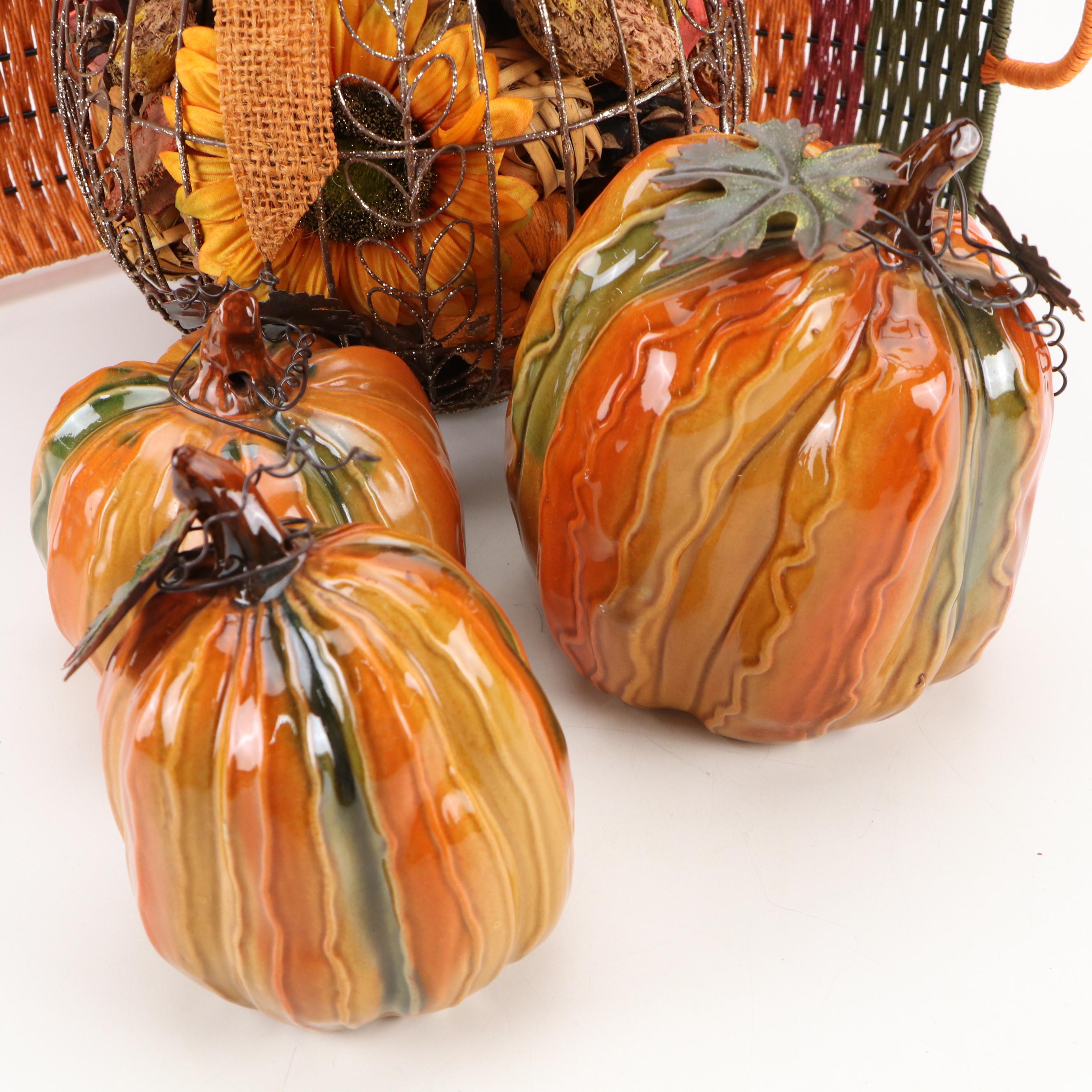 Metal Pumpkin Potpourri Holder with Ceramic Pumpkins and Other Autumn Décor