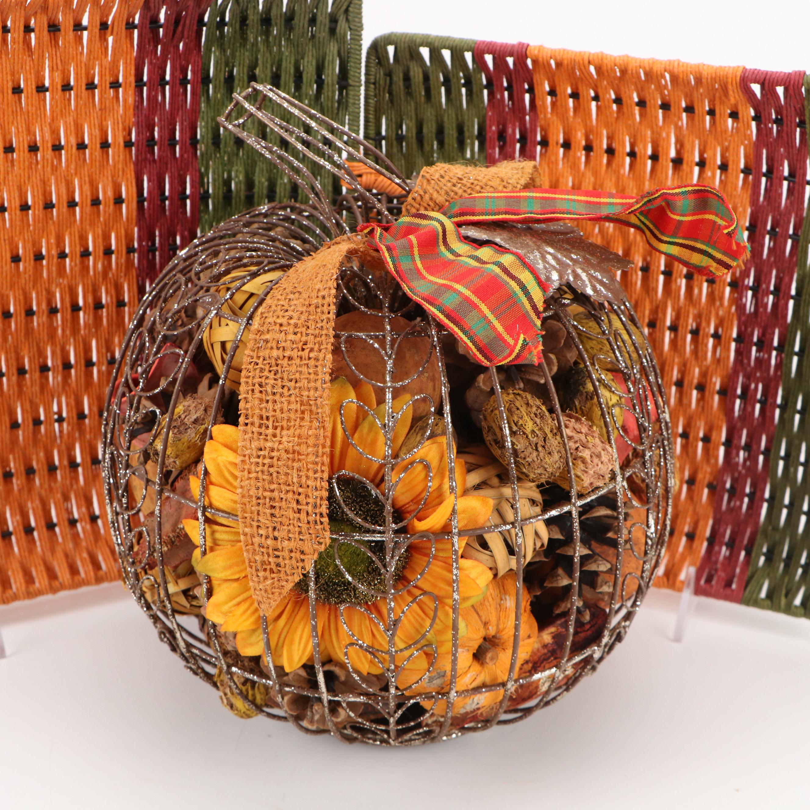 Metal Pumpkin Potpourri Holder with Ceramic Pumpkins and Other Autumn Décor