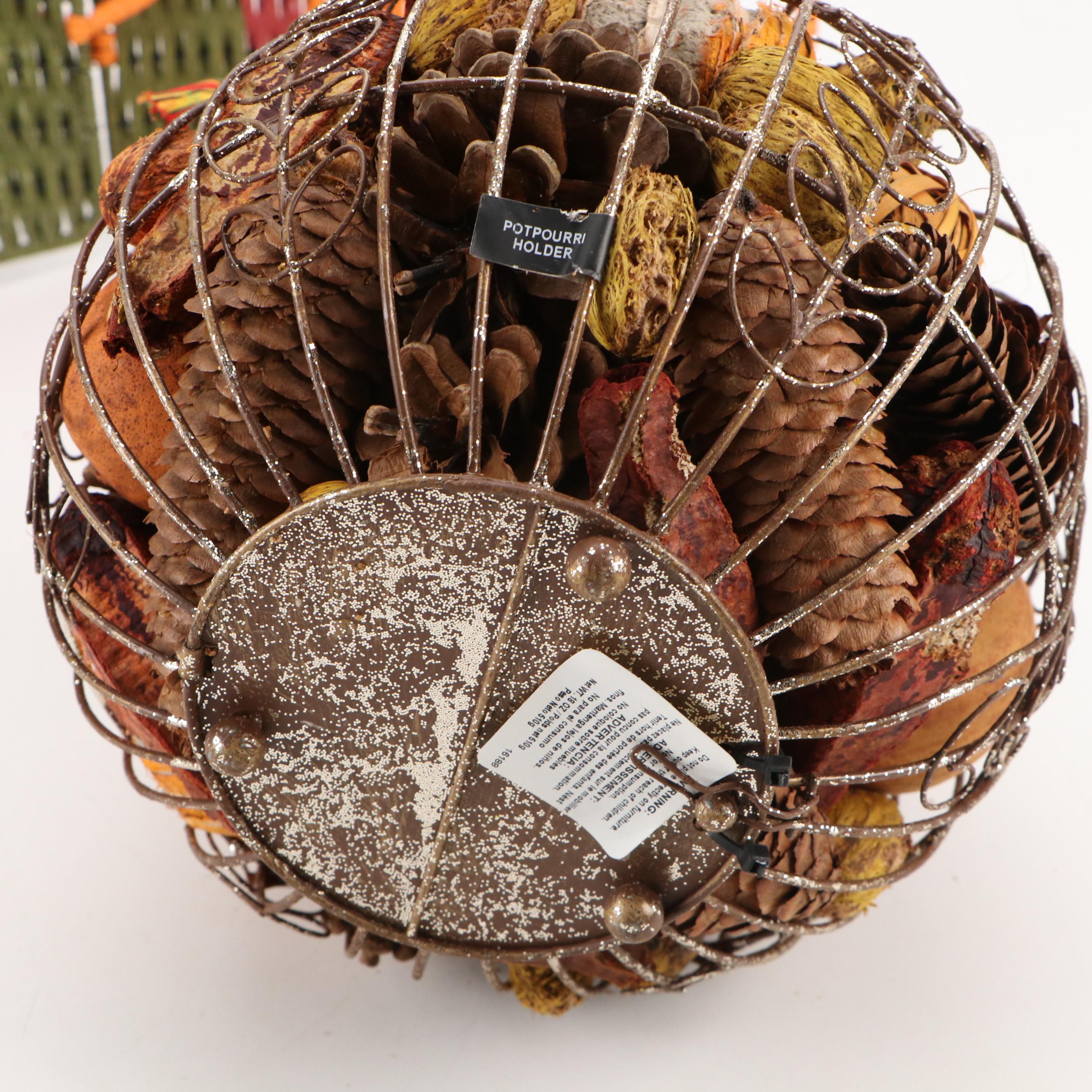 Metal Pumpkin Potpourri Holder with Ceramic Pumpkins and Other Autumn Décor