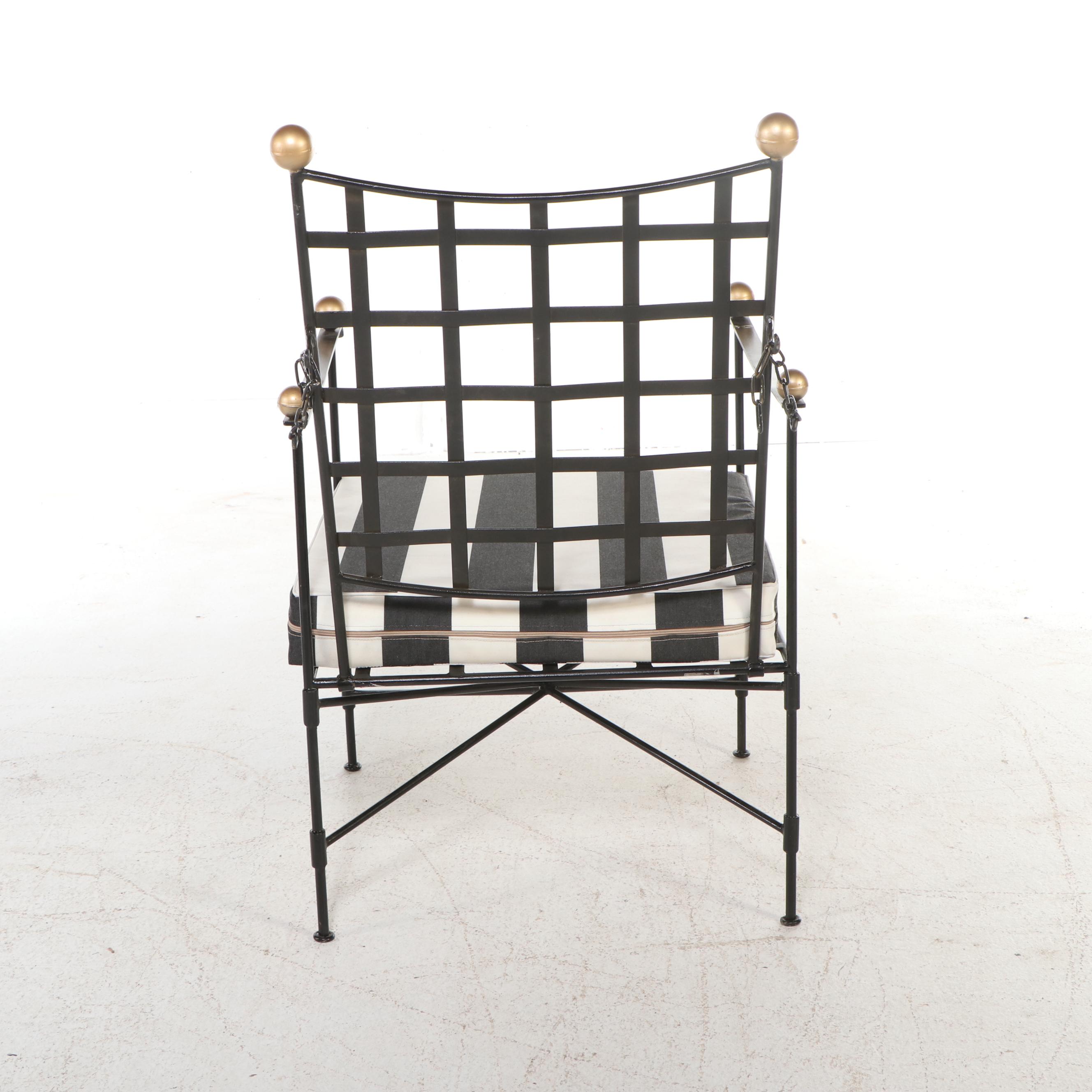 Regency Style Painted Iron Lounge Chair and Ottoman with Striped Cushions