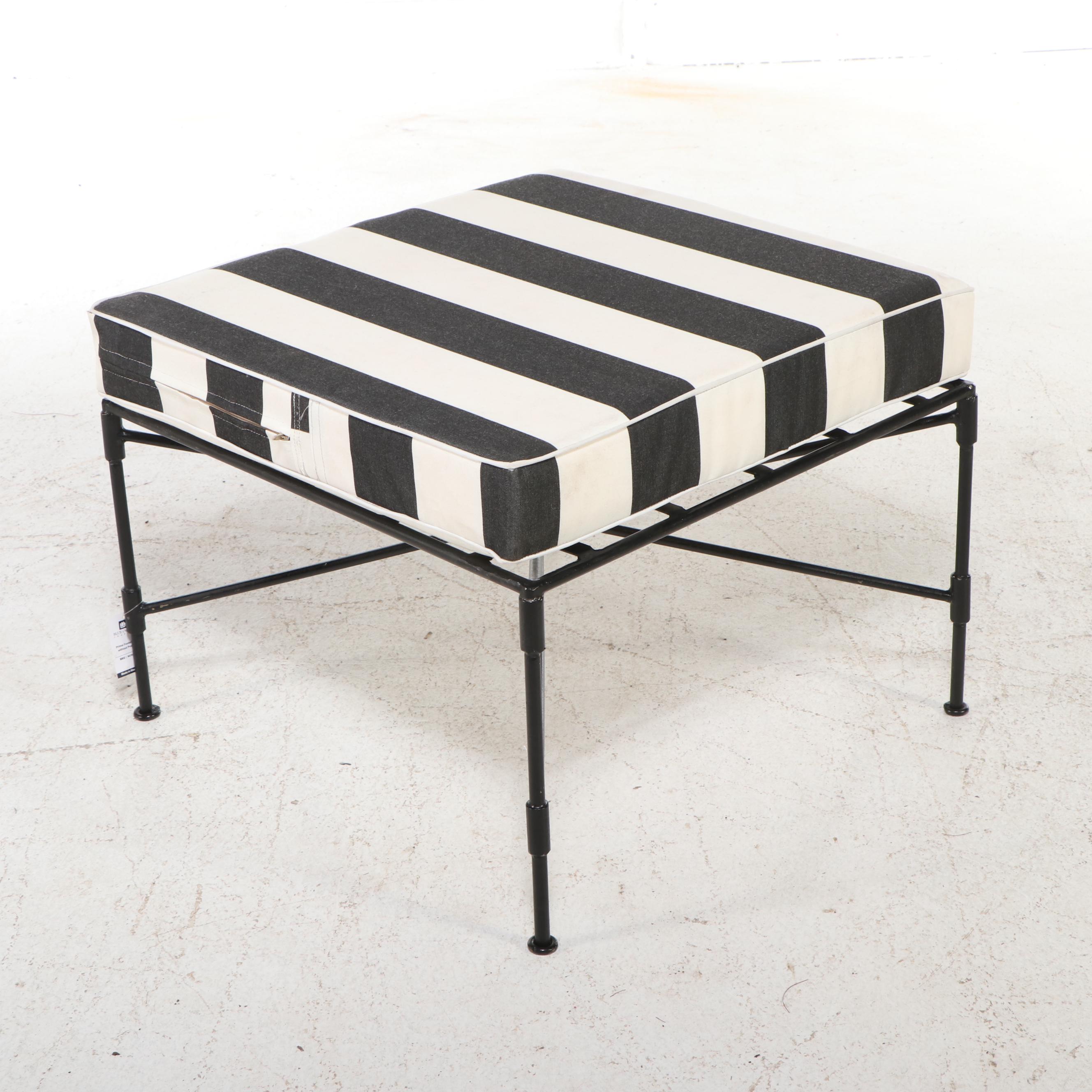 Regency Style Painted Iron Lounge Chair and Ottoman with Striped Cushions