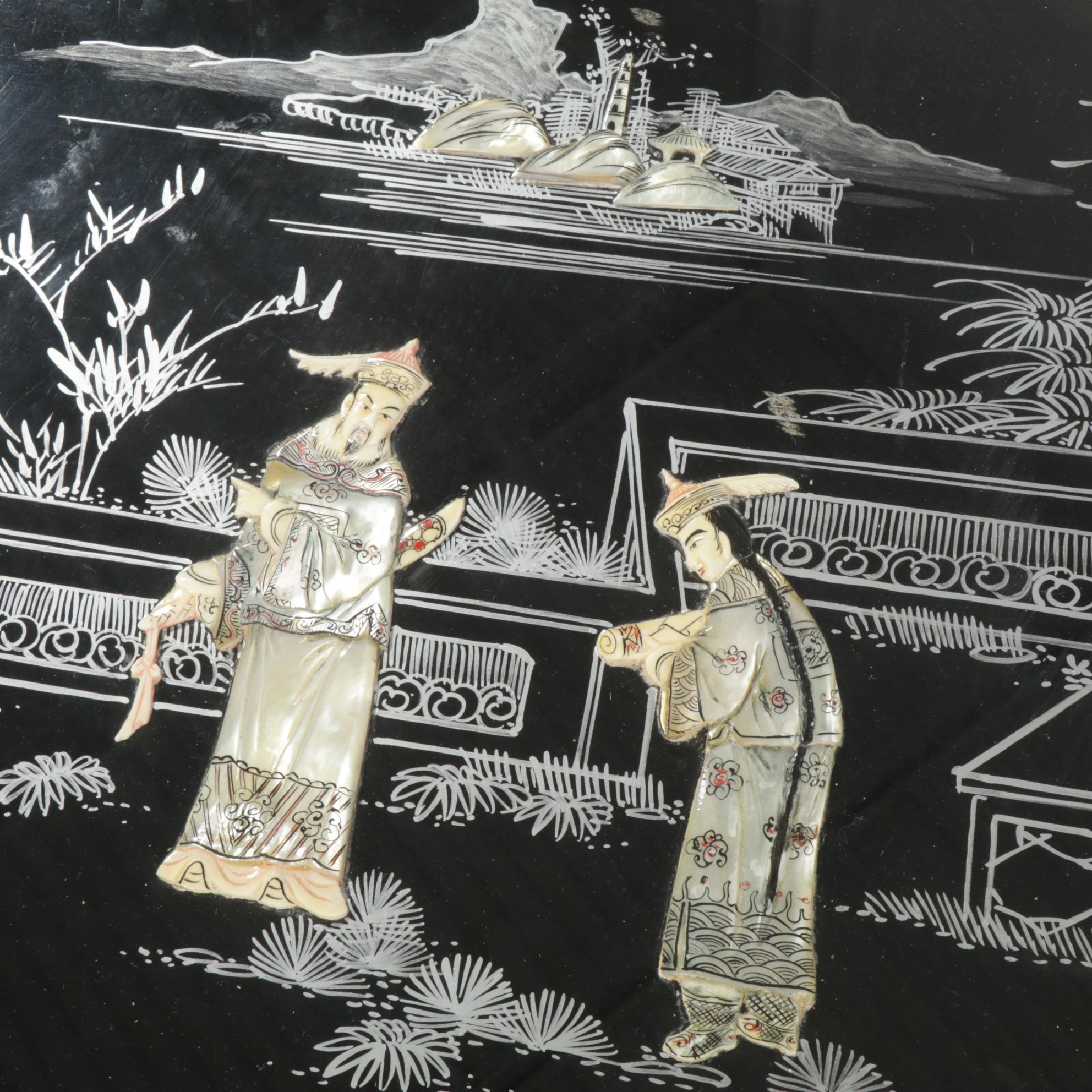 Chinese Carved Wood Coffee Table with Painted and Applied Decor and Six Stools