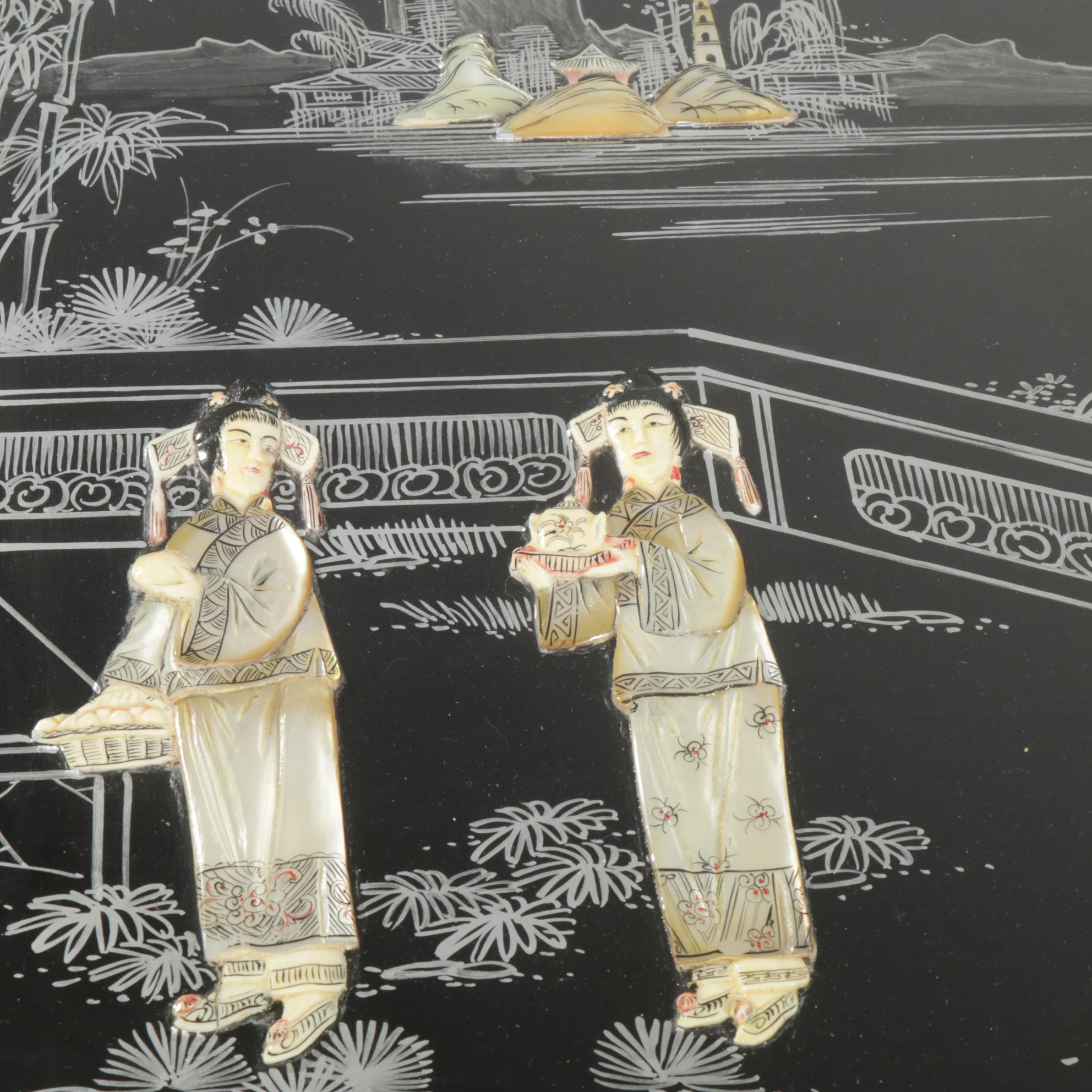 Chinese Carved Wood Coffee Table with Painted and Applied Decor and Six Stools