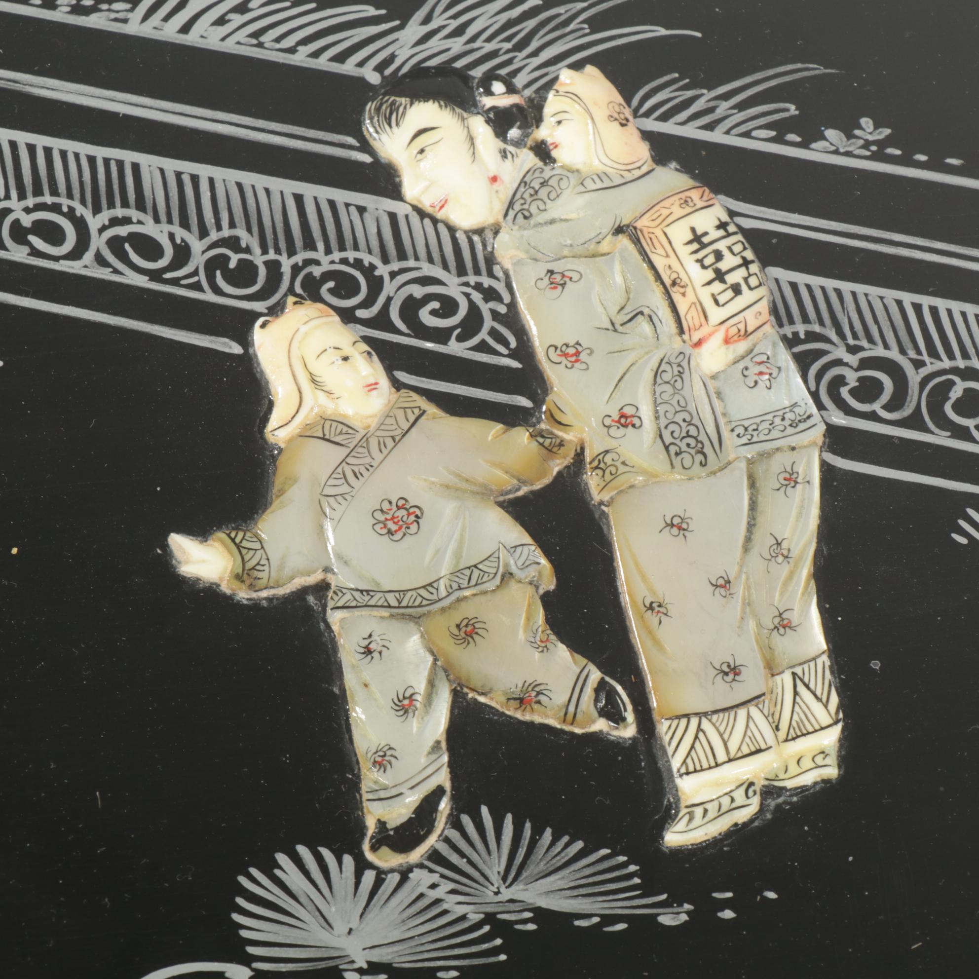 Chinese Carved Wood Coffee Table with Painted and Applied Decor and Six Stools