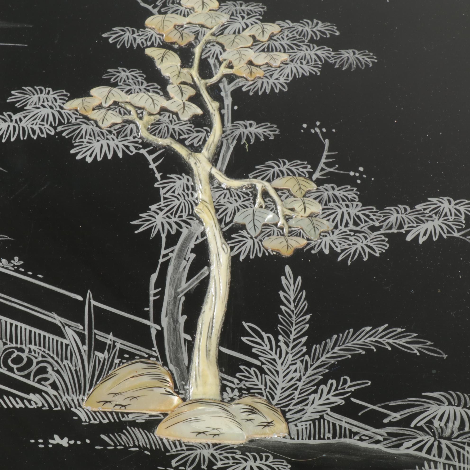 Chinese Carved Wood Coffee Table with Painted and Applied Decor and Six Stools