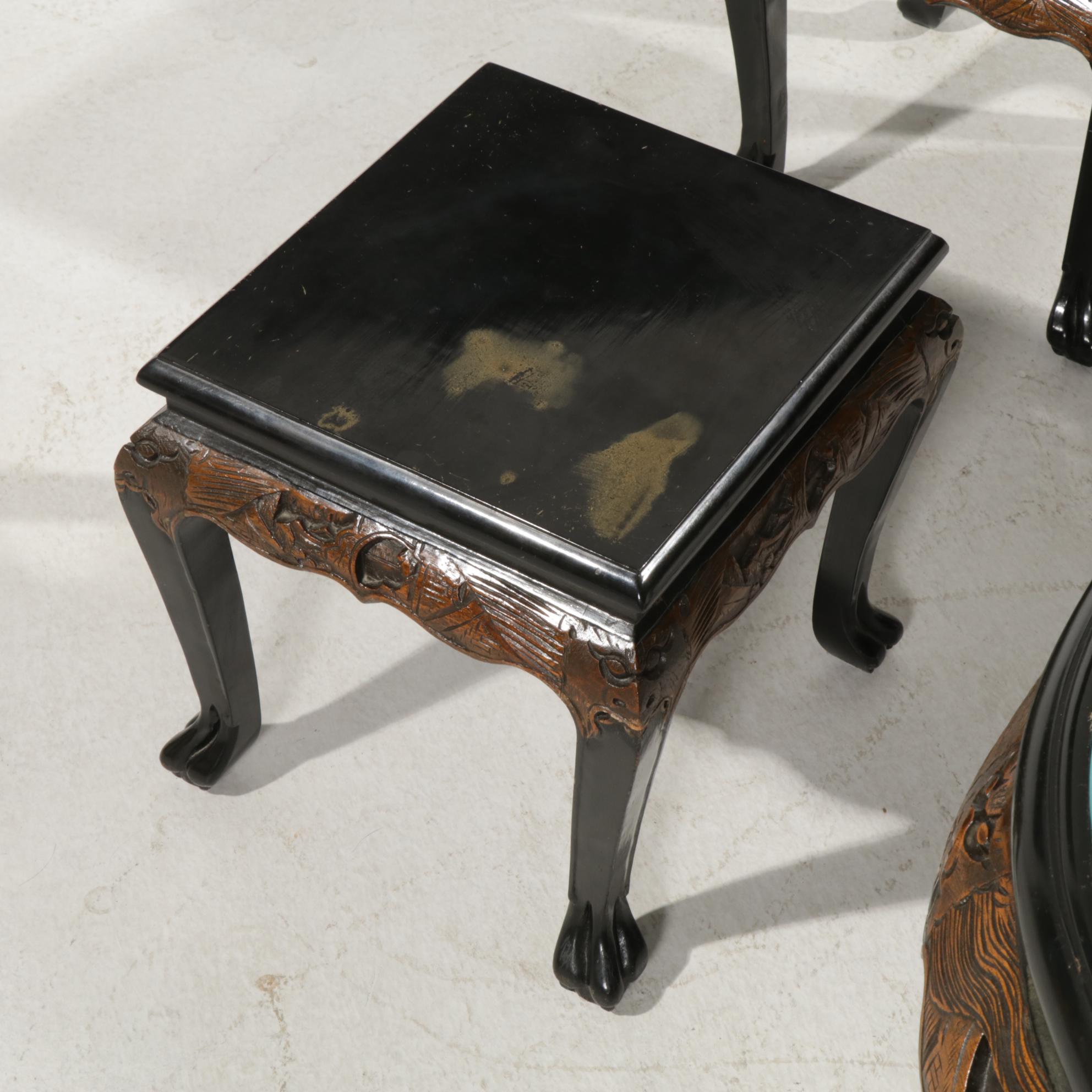 Chinese Carved Wood Coffee Table with Painted and Applied Decor and Six Stools