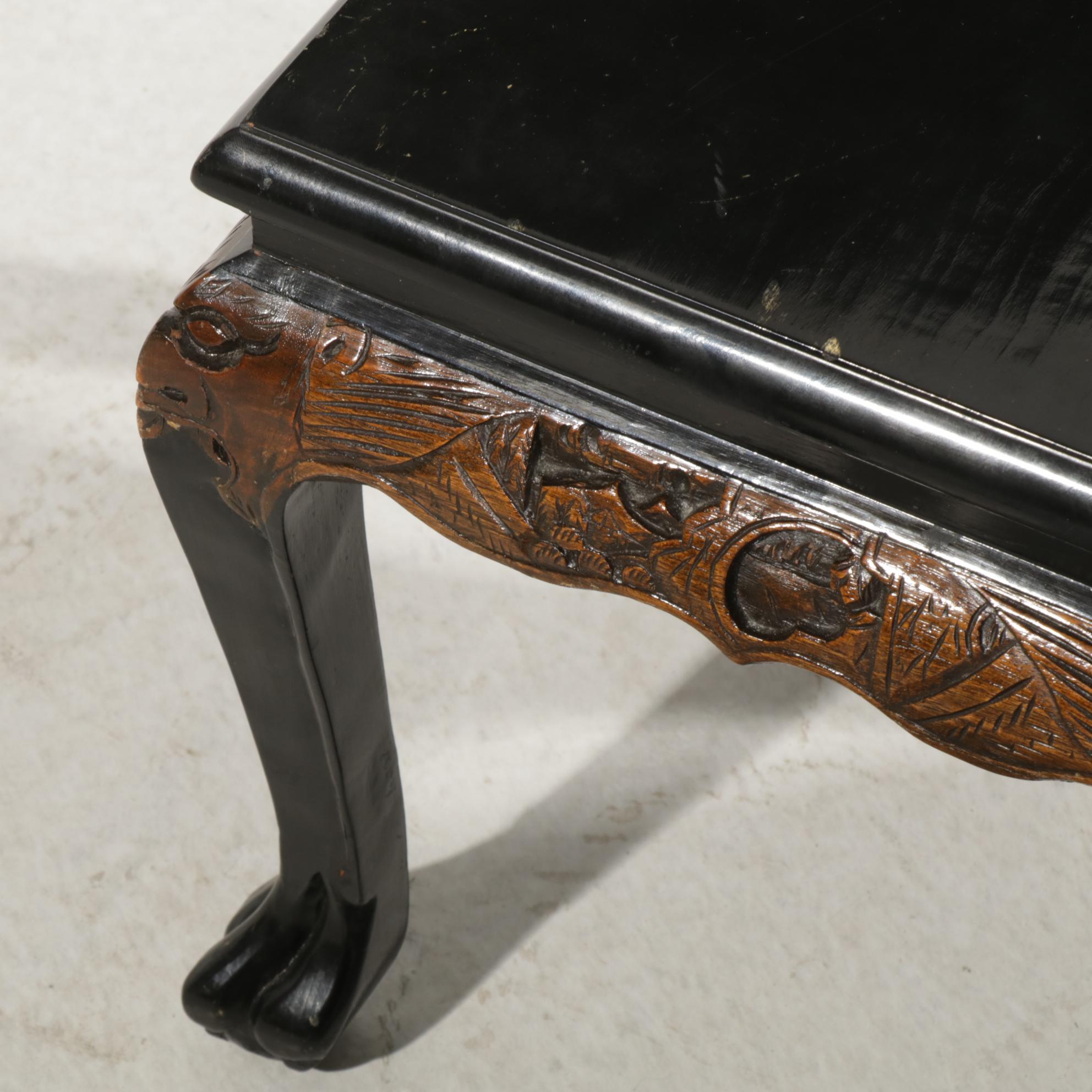 Chinese Carved Wood Coffee Table with Painted and Applied Decor and Six Stools
