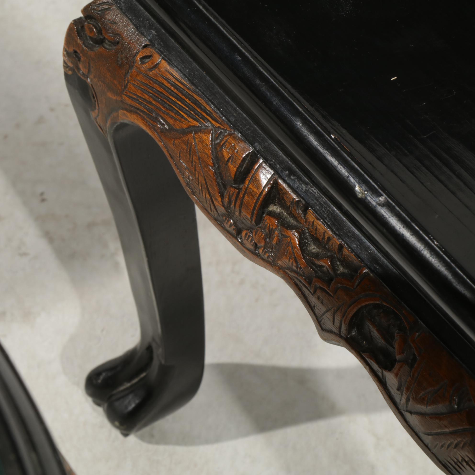 Chinese Carved Wood Coffee Table with Painted and Applied Decor and Six Stools