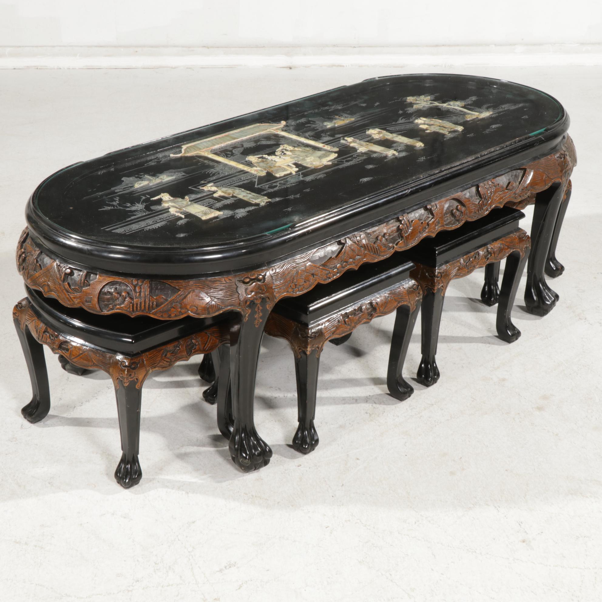 Chinese Carved Wood Coffee Table with Painted and Applied Decor and Six Stools