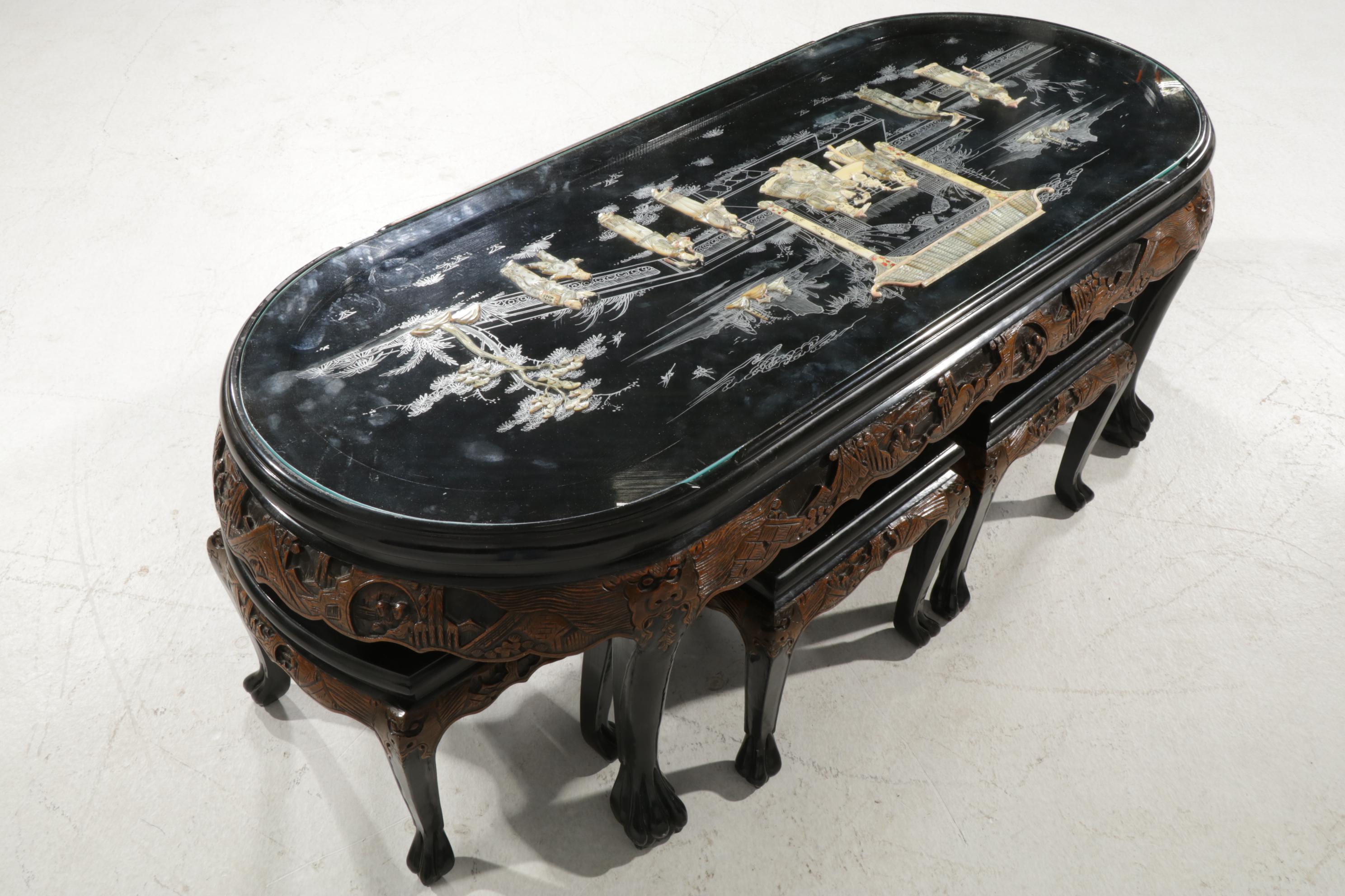 Chinese Carved Wood Coffee Table with Painted and Applied Decor and Six Stools
