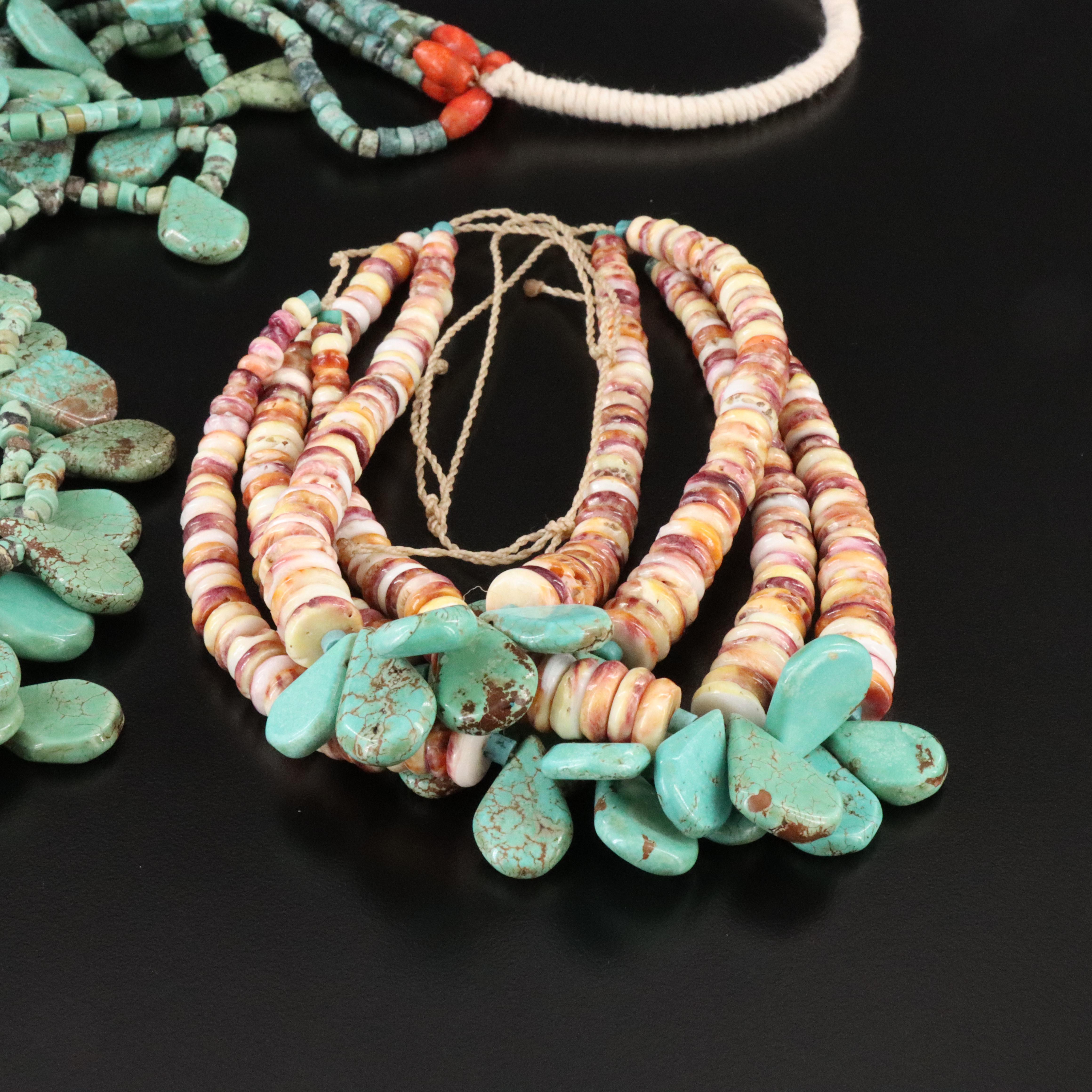 Multi-Strand Turquoise and Coral Necklace with Turquoise and Spiny Oyster Jacla