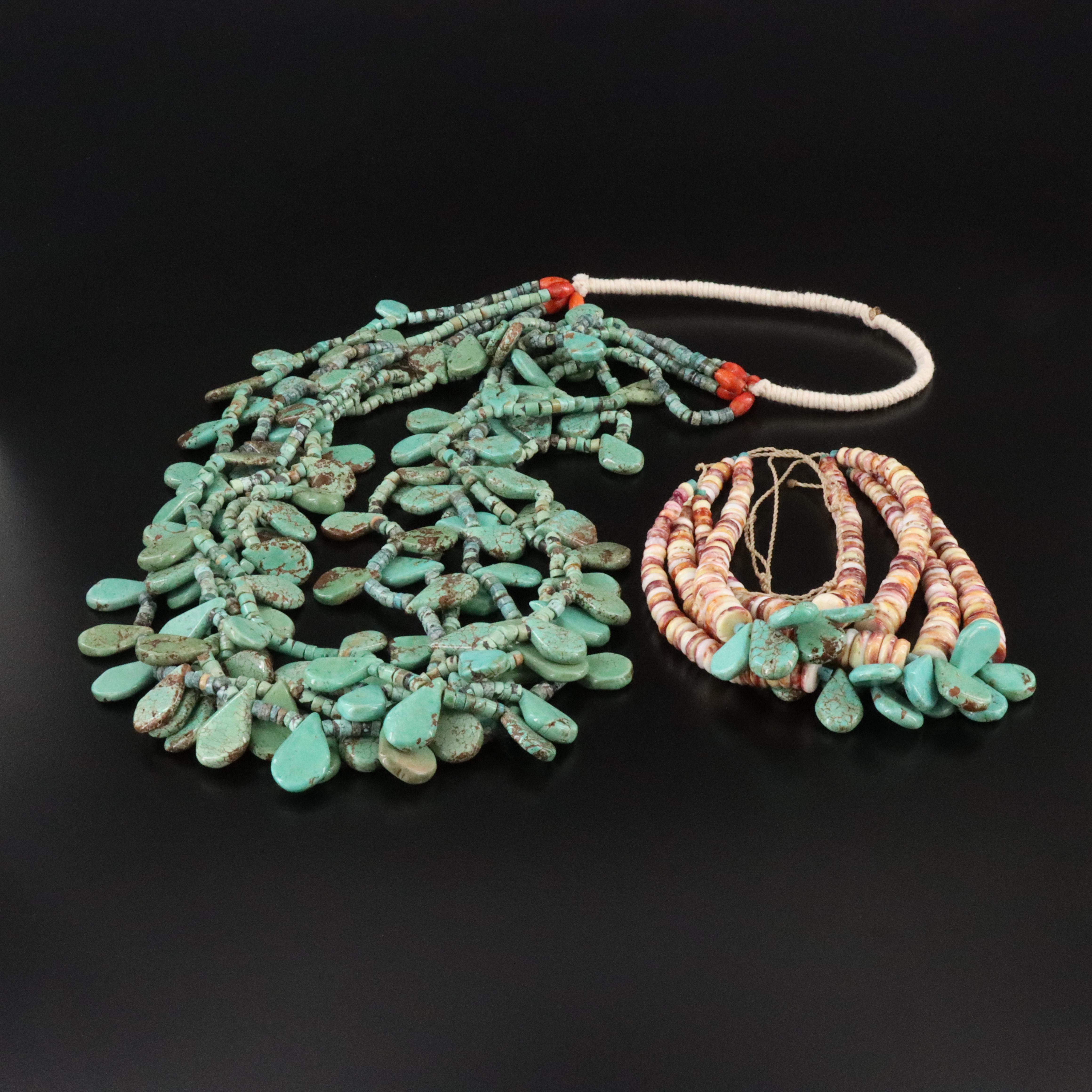 Multi-Strand Turquoise and Coral Necklace with Turquoise and Spiny Oyster Jacla