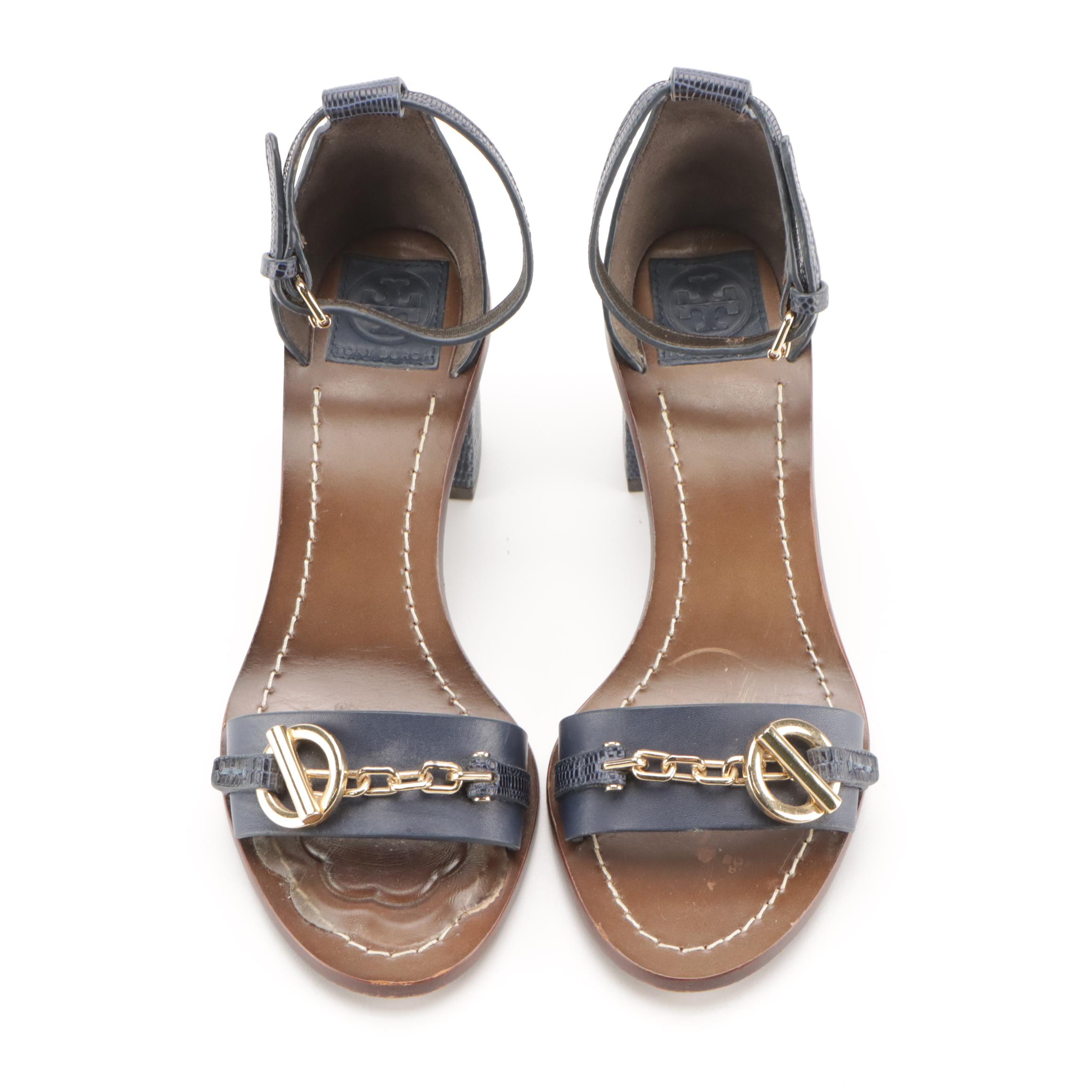 Tory Burch Ankle Strap Block Heels in Dark Blue Embossed and Smooth Leather