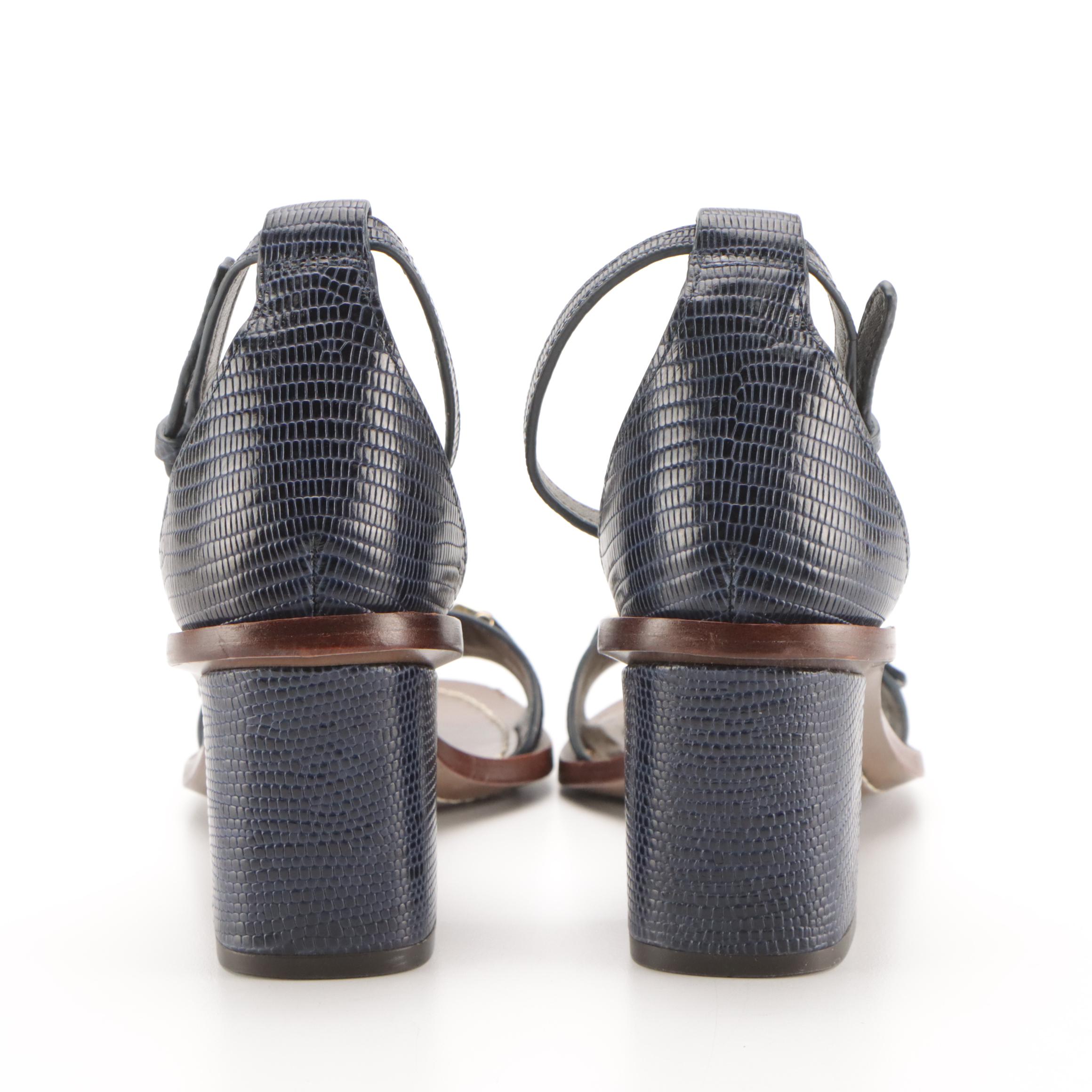 Tory Burch Ankle Strap Block Heels in Dark Blue Embossed and Smooth Leather